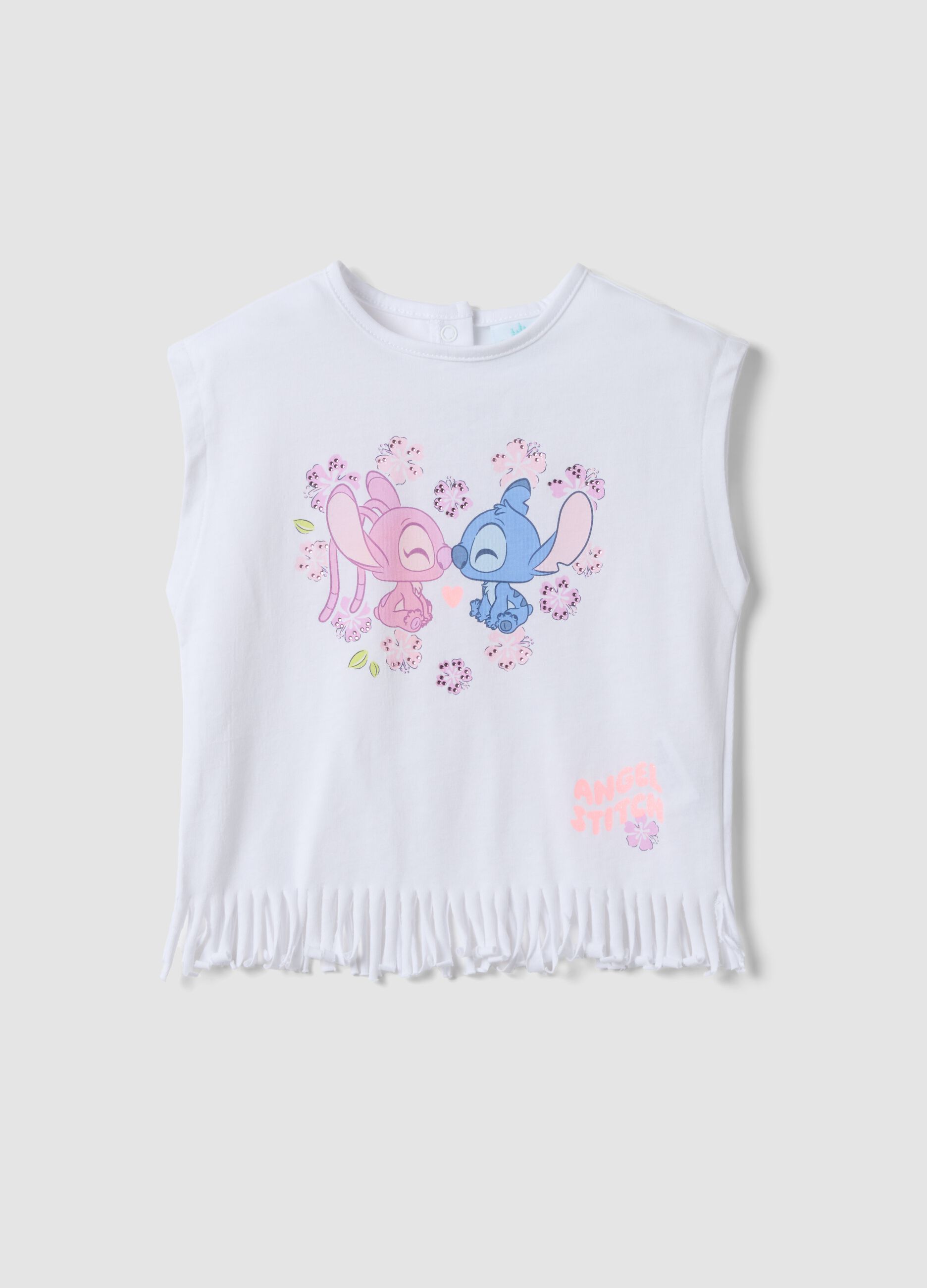 White pure cotton tank top with fringed hem