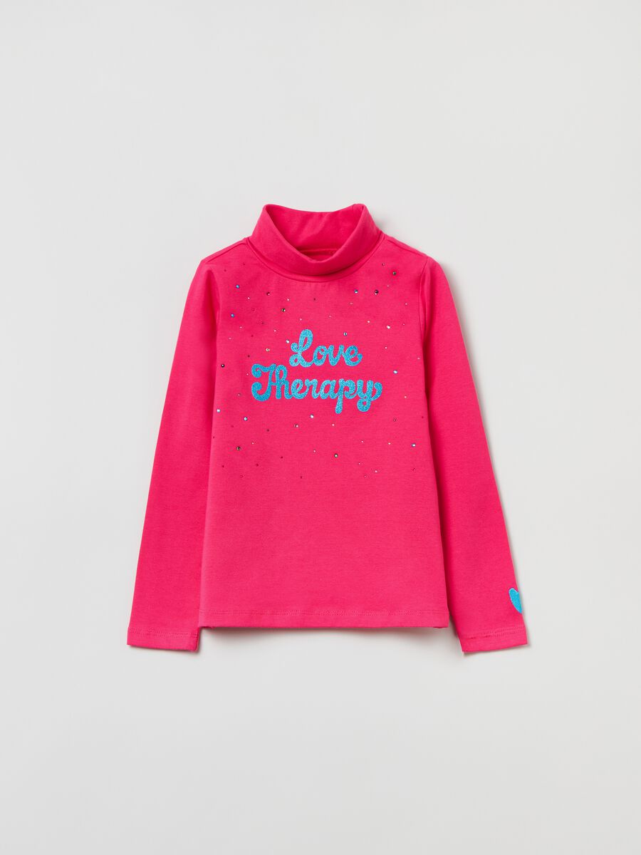 T-shirt collo alto stampa glitterata e strass_0