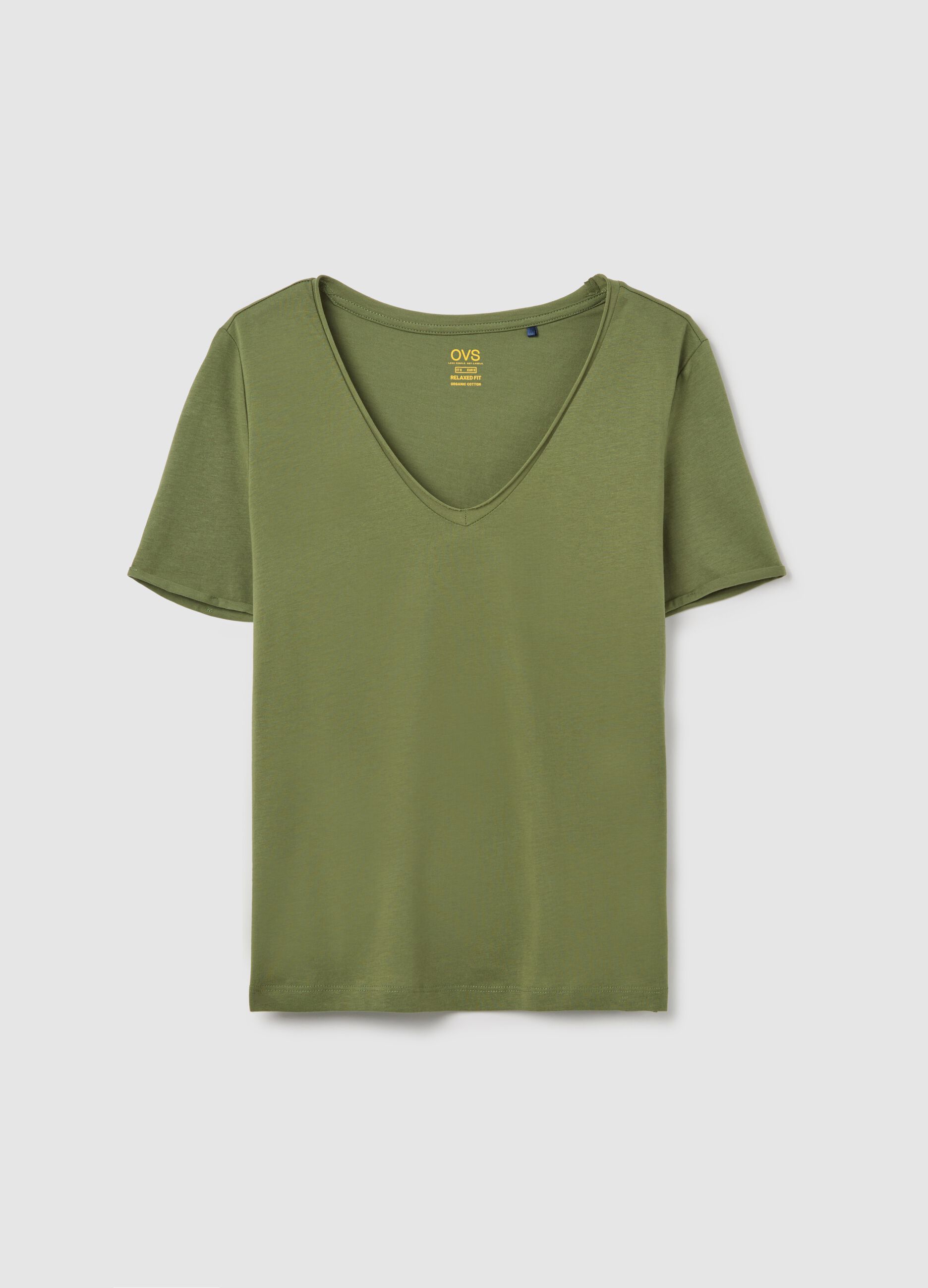 Green organic cotton T-shirt with V neck