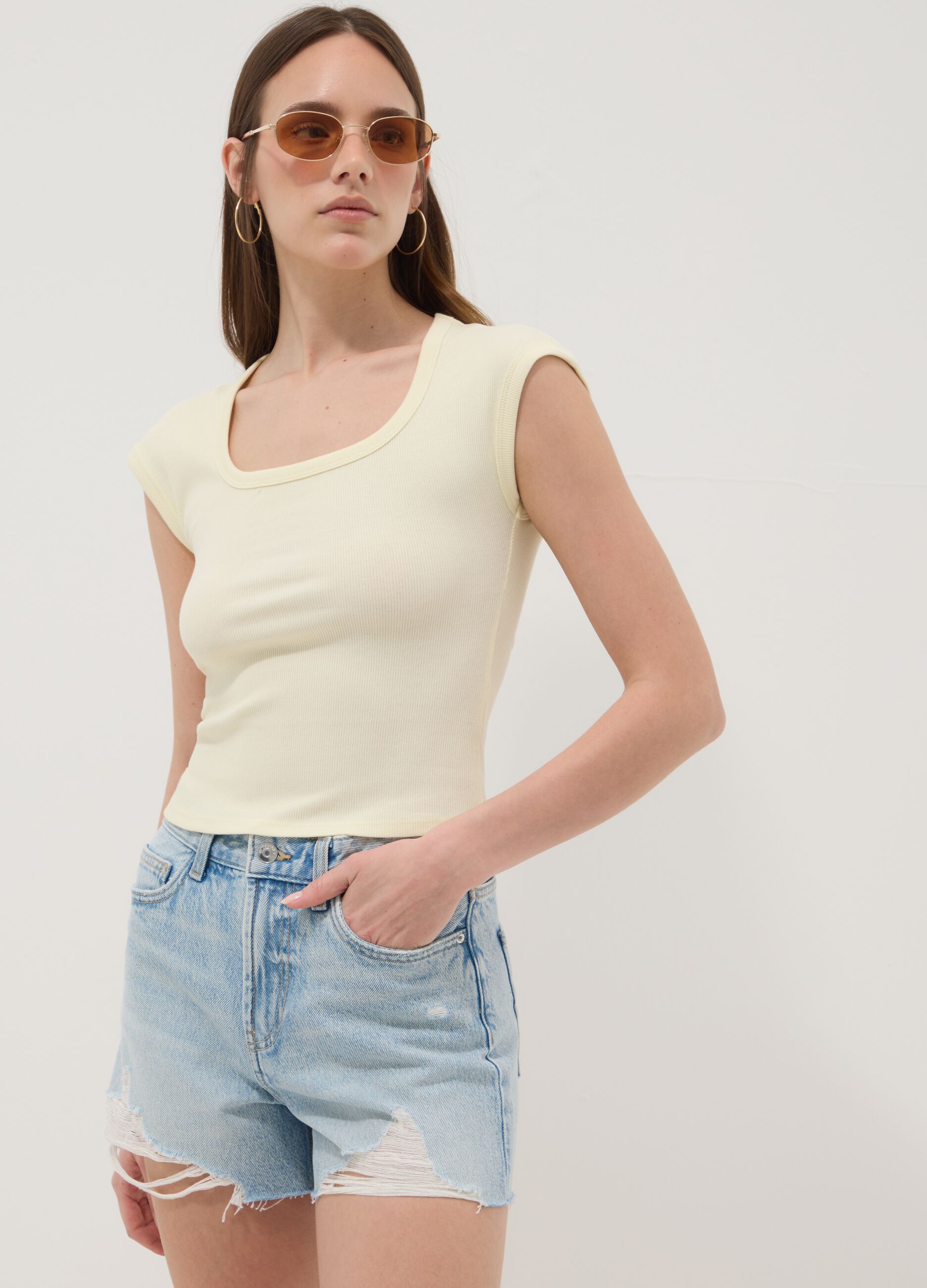 Yellow stretch-cotton short-sleeve T-shirt