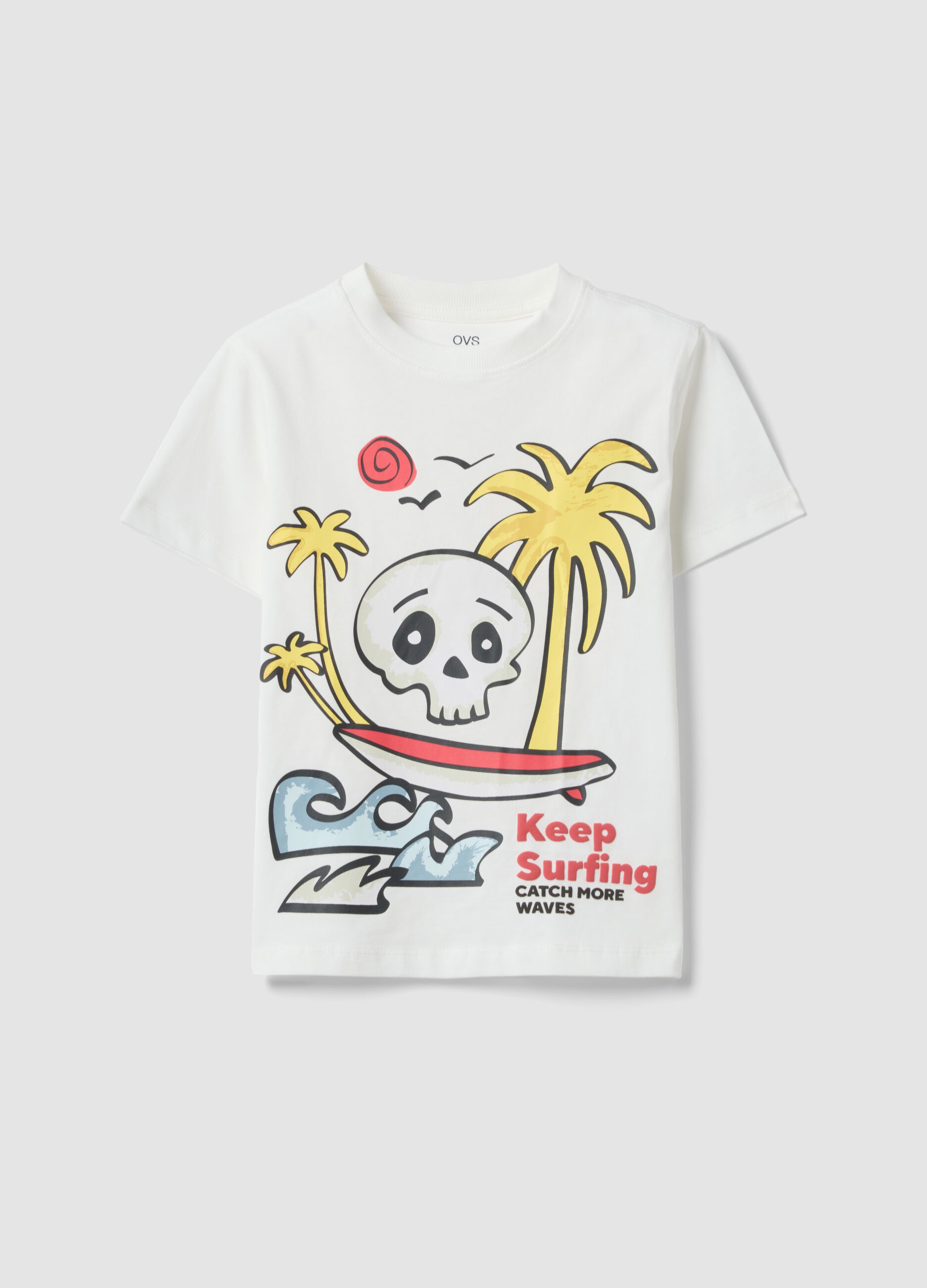 White pure cotton boys&rsquo; T-shirt with surf print, regular fit