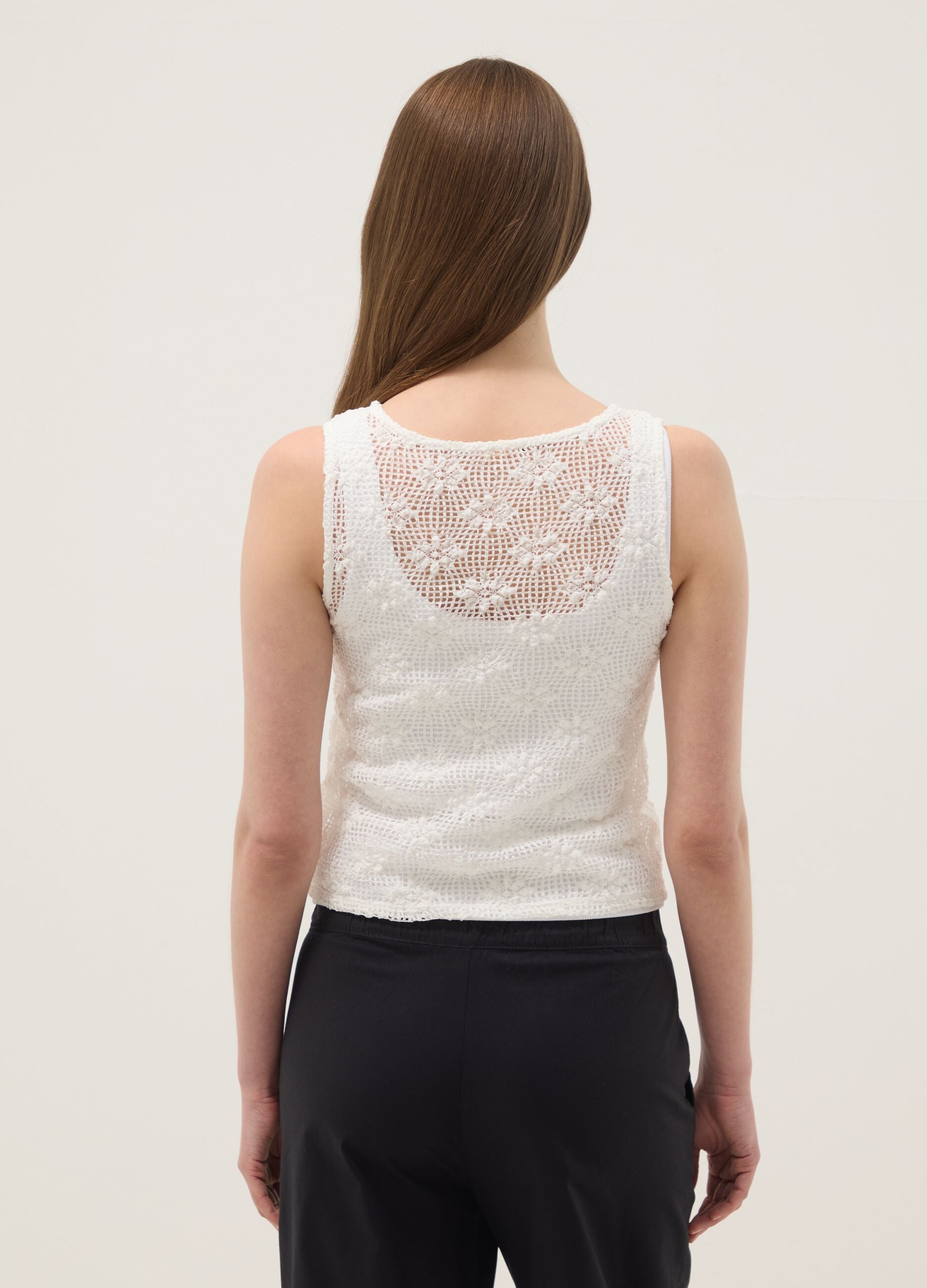 White stretch crochet-knit tank top