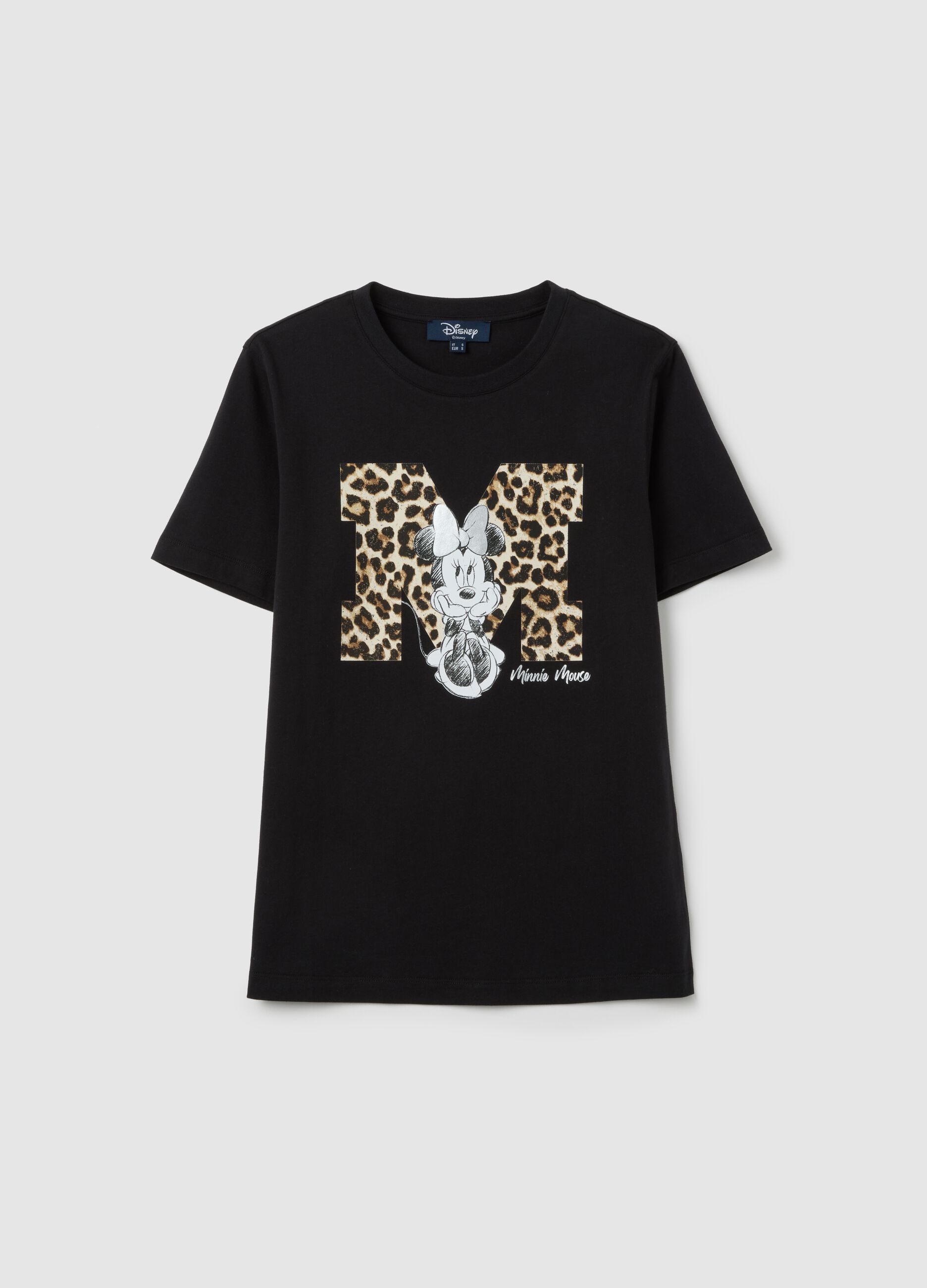 Black pure cotton regular fit t-shirt with Minnie and leopard print