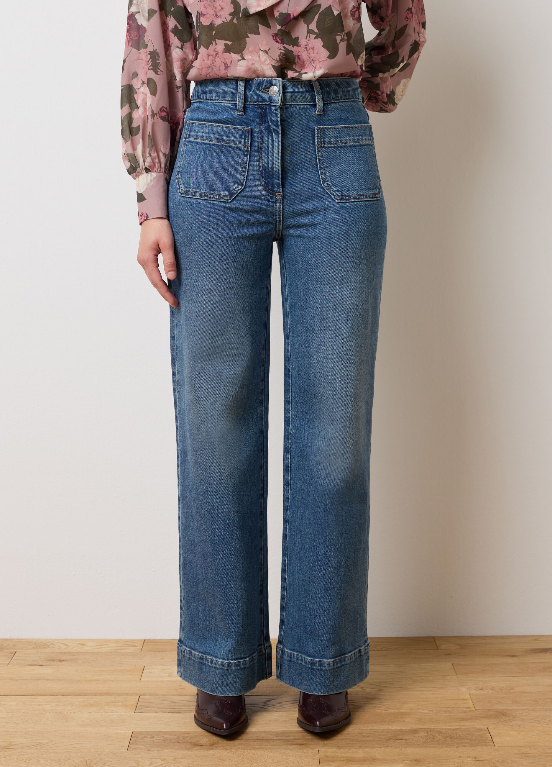 Blue stretchy denim wide leg trousers