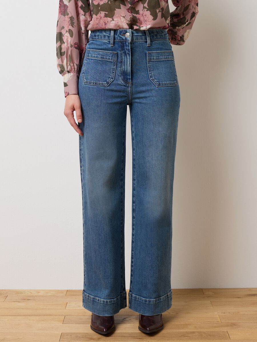 Blue stretchy denim wide leg trousers_1