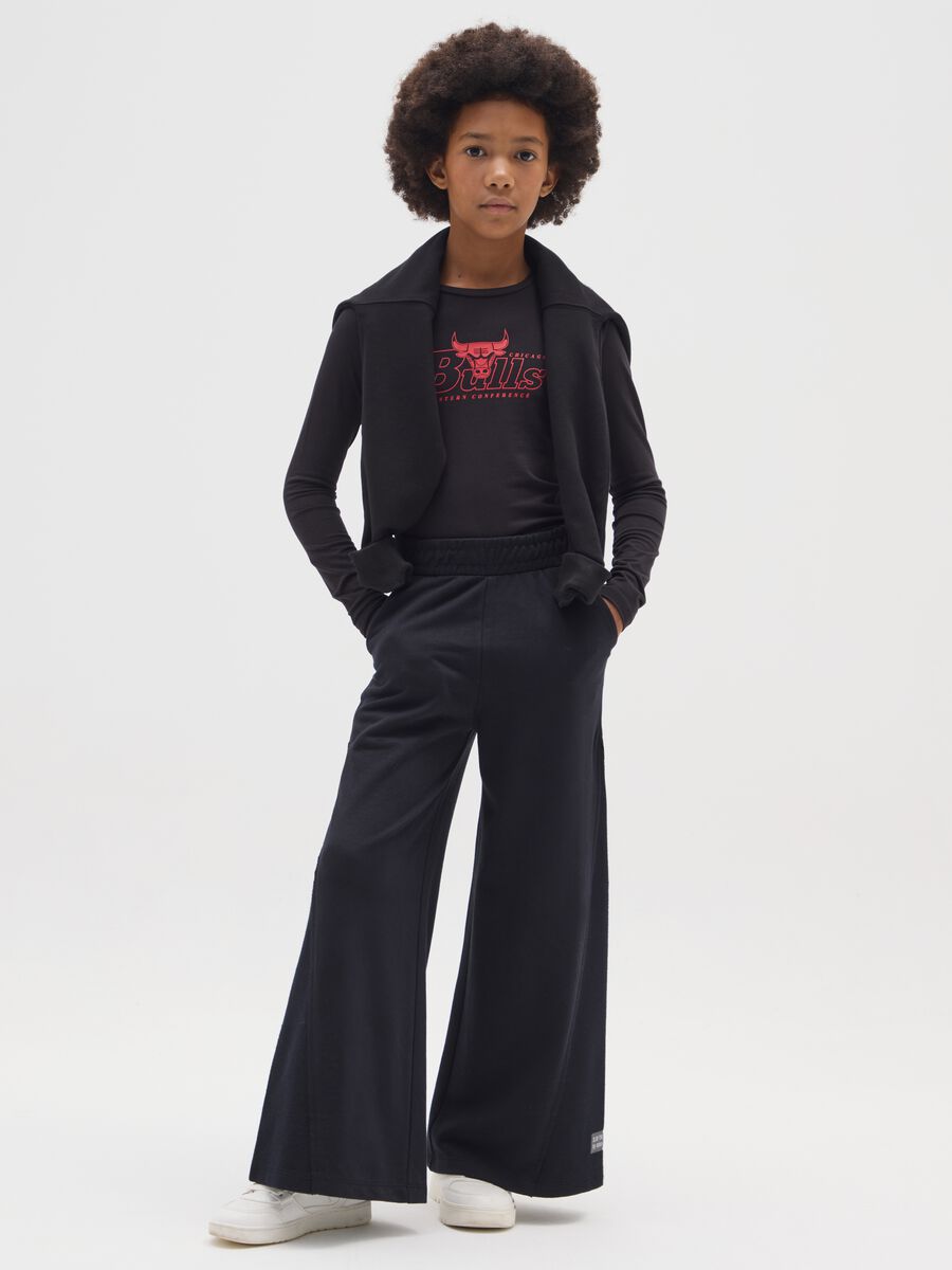 Girls' wide leg black cotton blend trousers_0