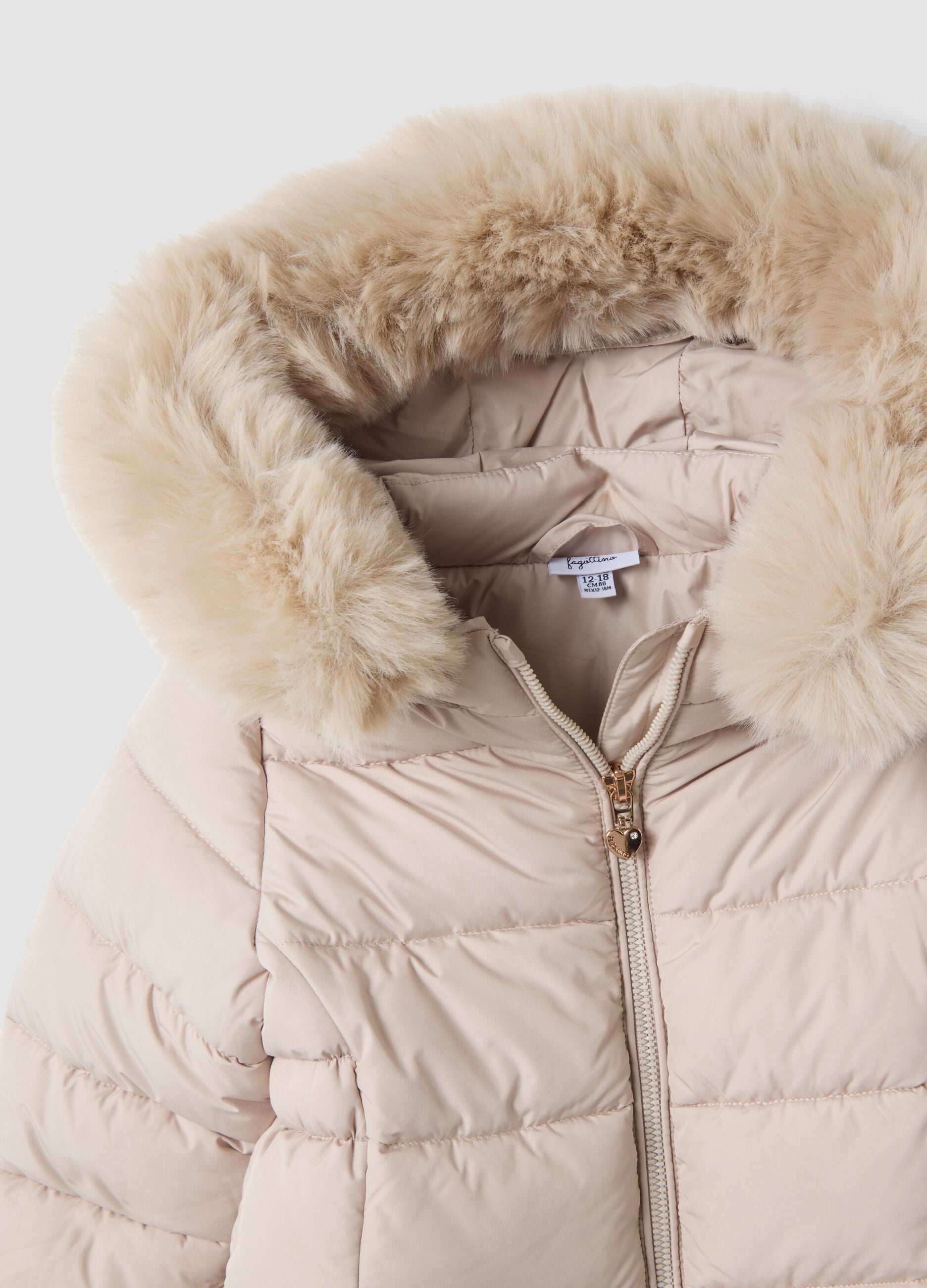 Taupe padded hooded jacket with contrast trim