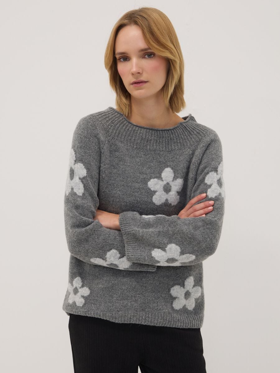 Grey wool-blend jumper with floral pattern, regular fit_2