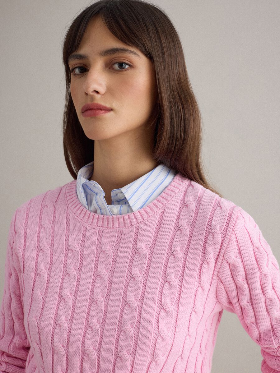 Pink pure cotton regular fit jumper with cable knit_3