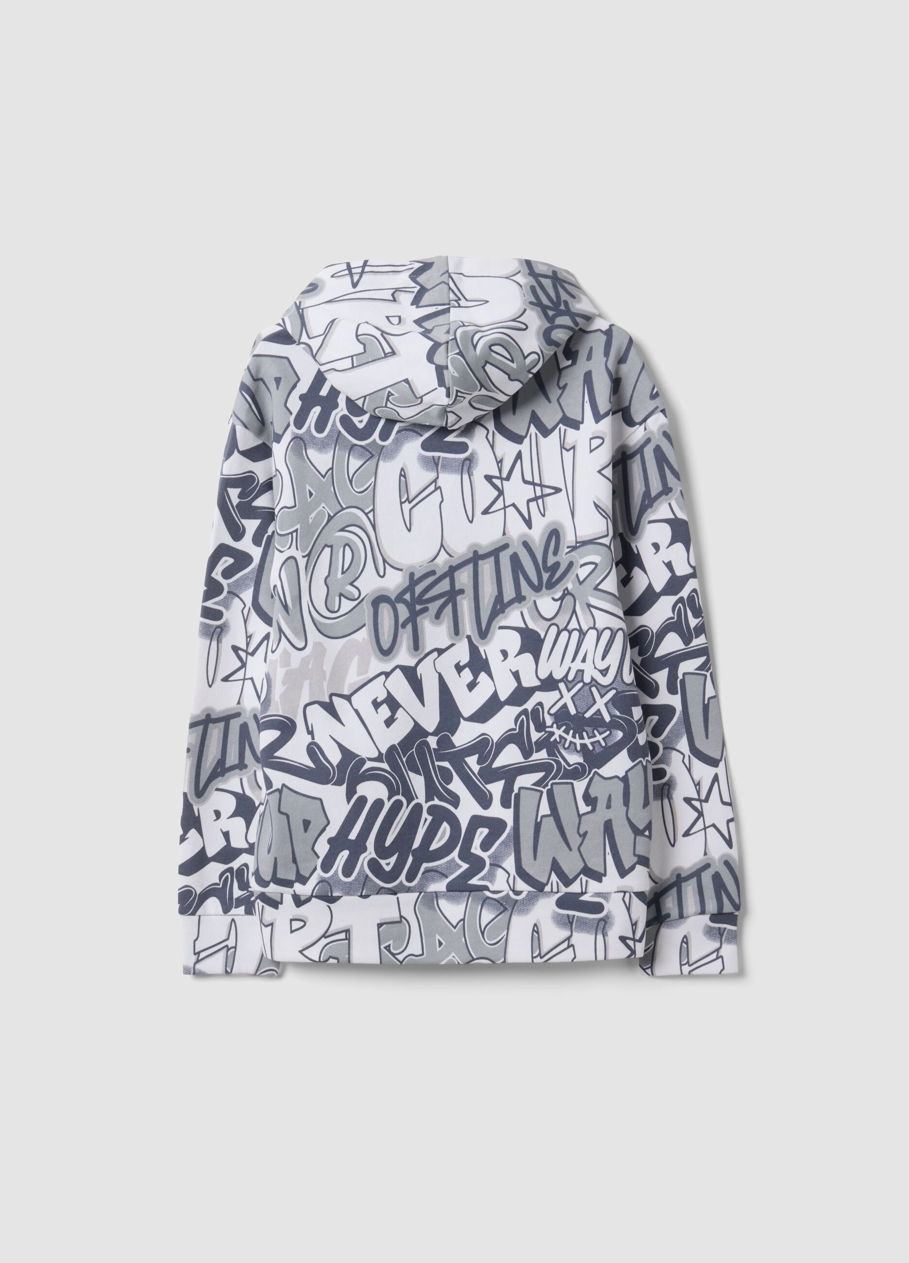 White cotton-blend hoodie with all-over graffiti print for boys