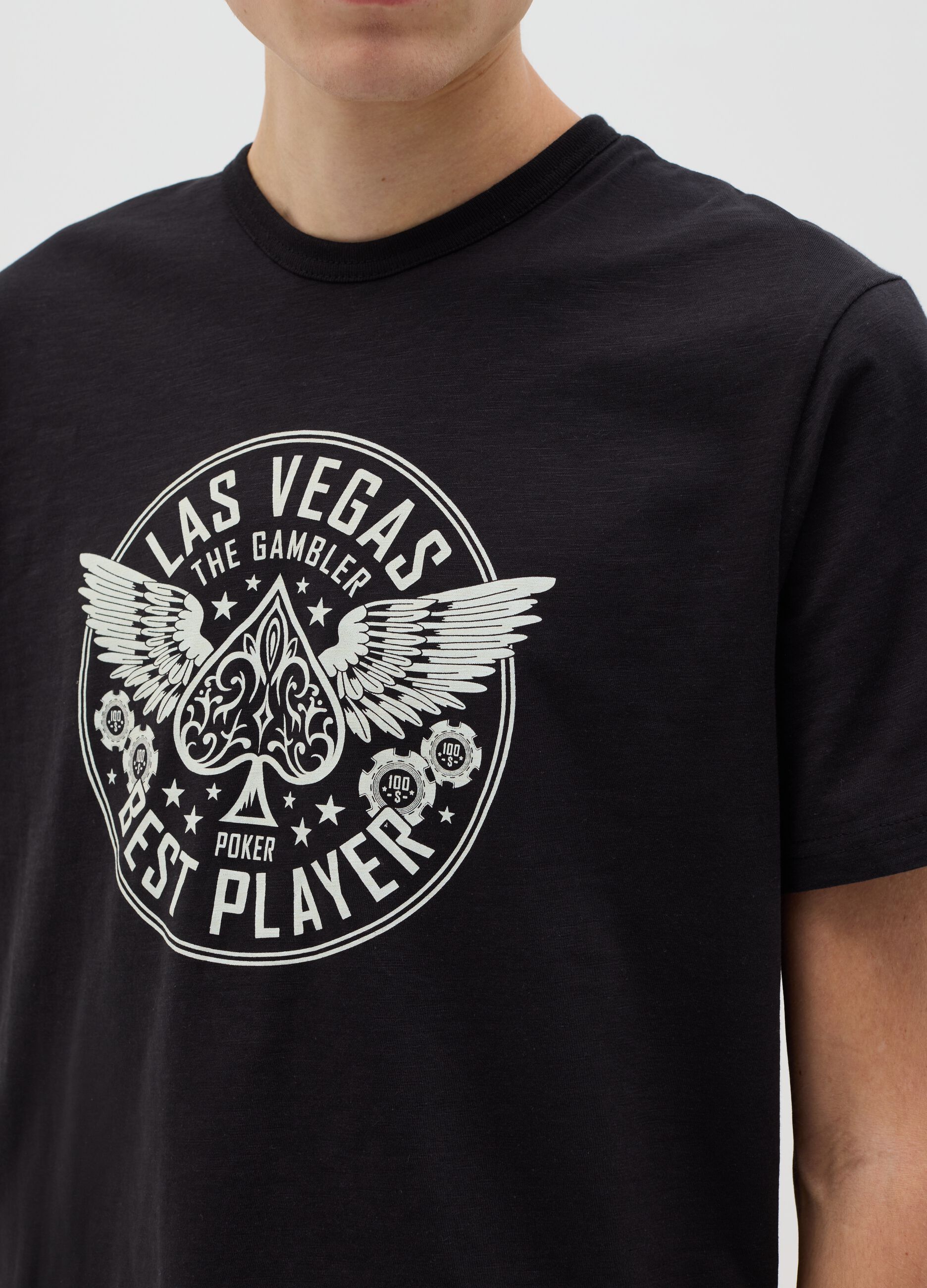 Cotton T-shirt with poker motif print