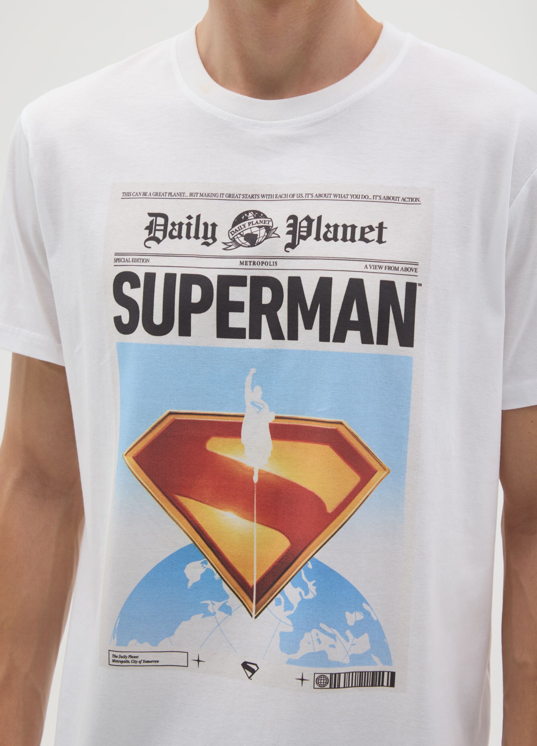 Men's white pure cotton T-shirt with Superman logo