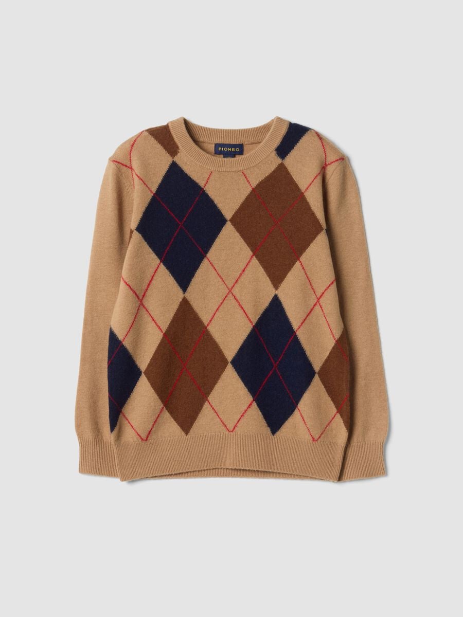 Maglione beige in pura lana con girocollo jacquard_3