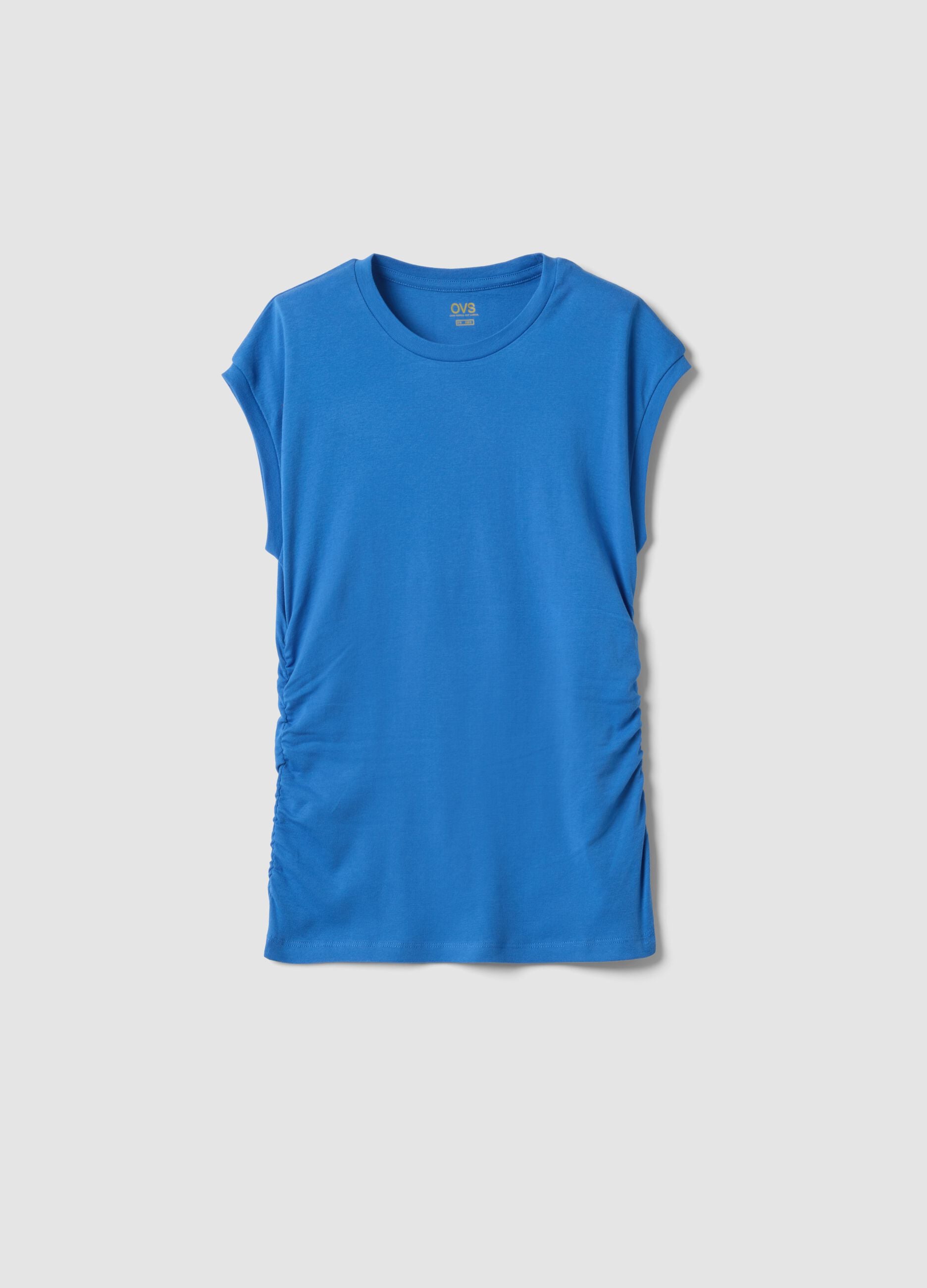 Tank top blu in puro cotone con arricciature laterali regular fit