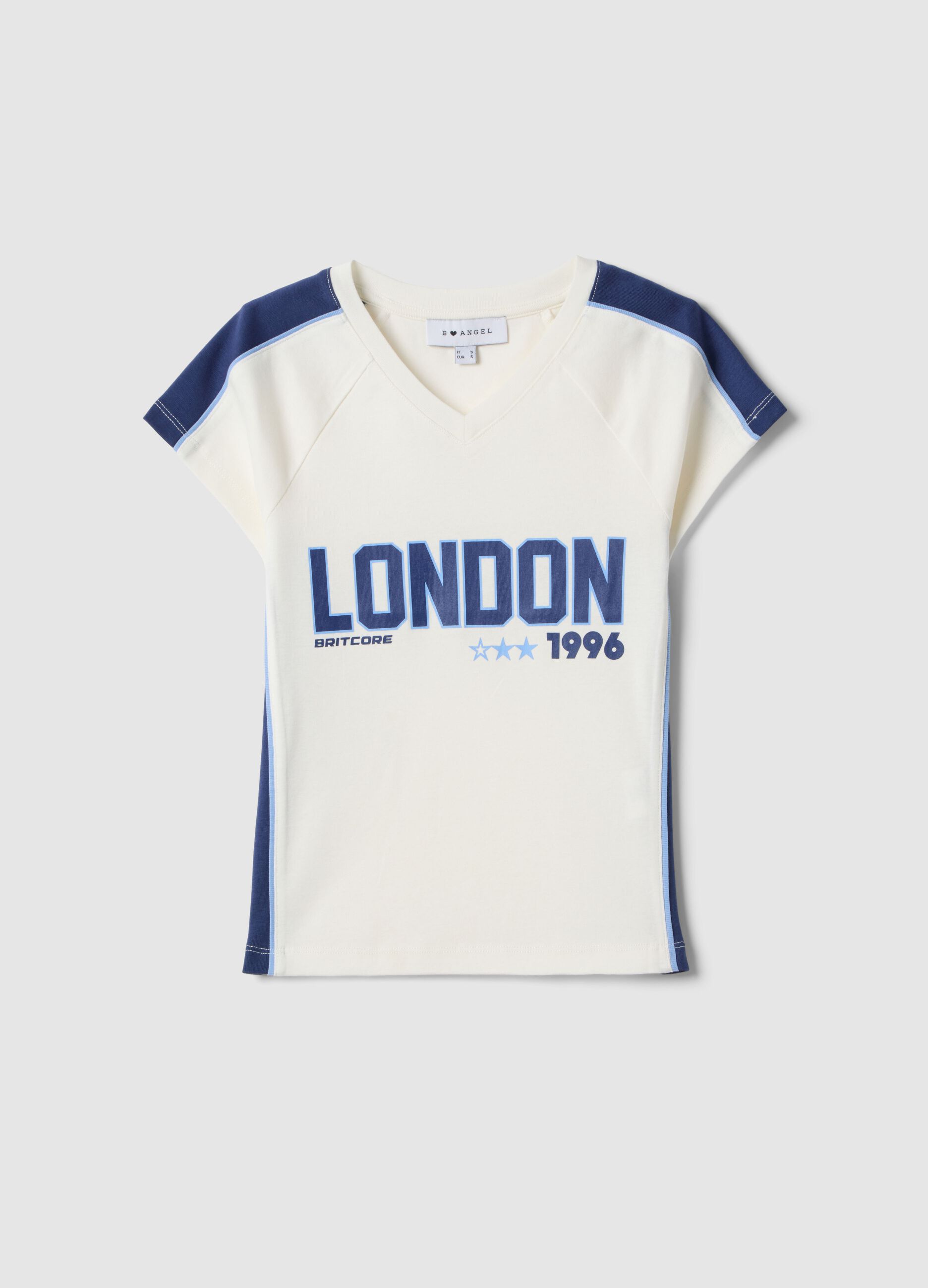 White pure cotton slim fit V-neck T-shirt with print