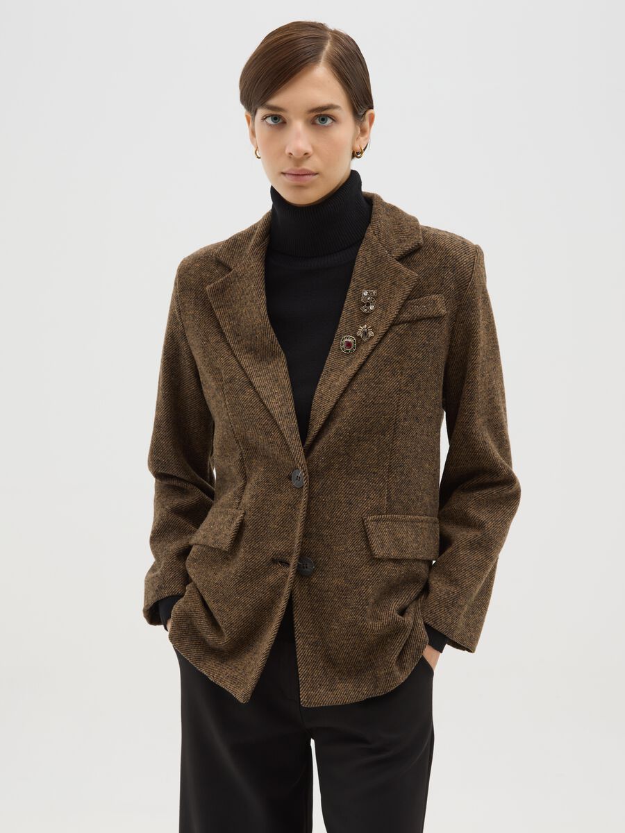 Brown regular fit jacket with decorated collar_0