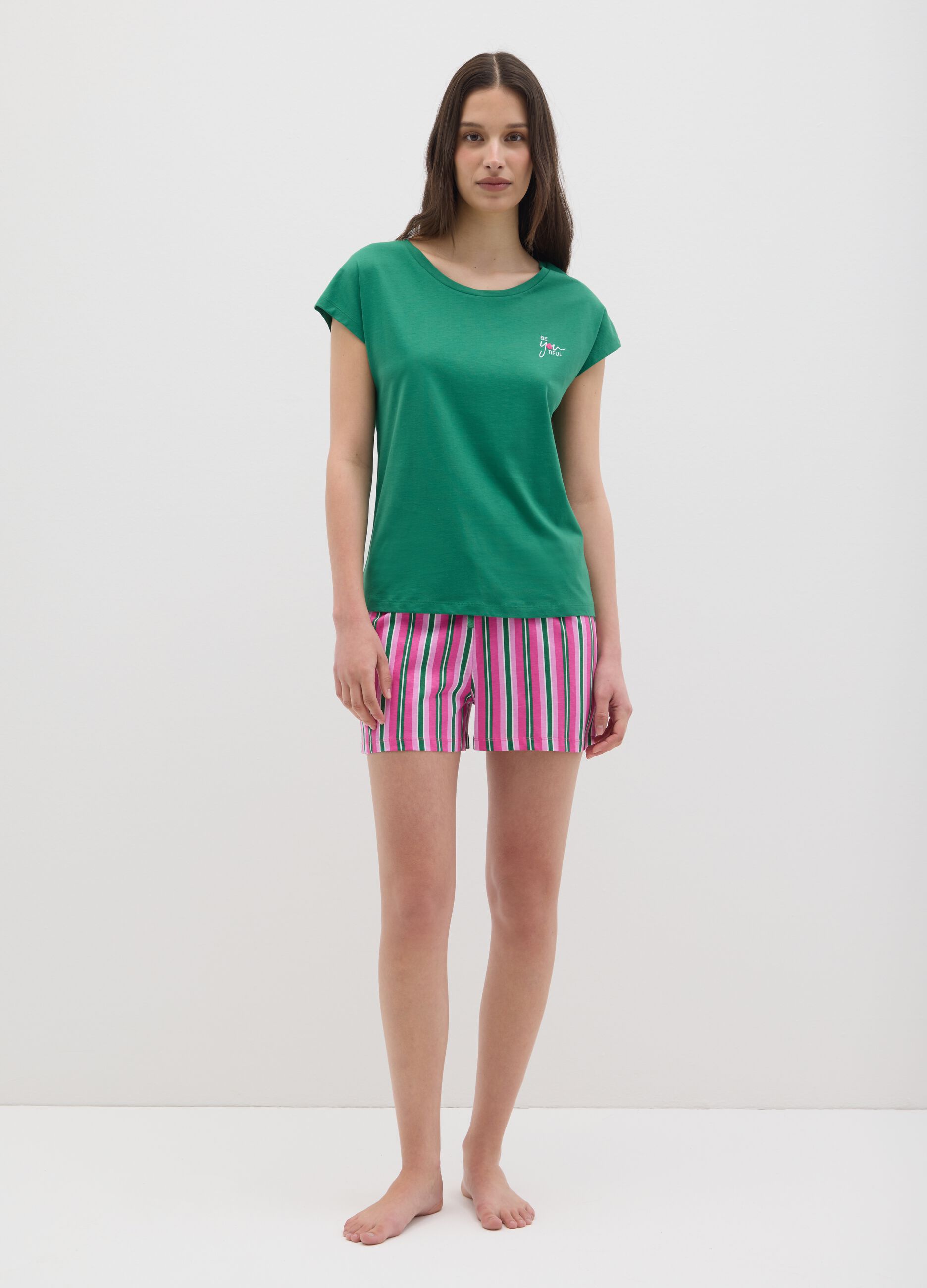 Set pigiama da donna in puro cotone verde e rosa regular fit