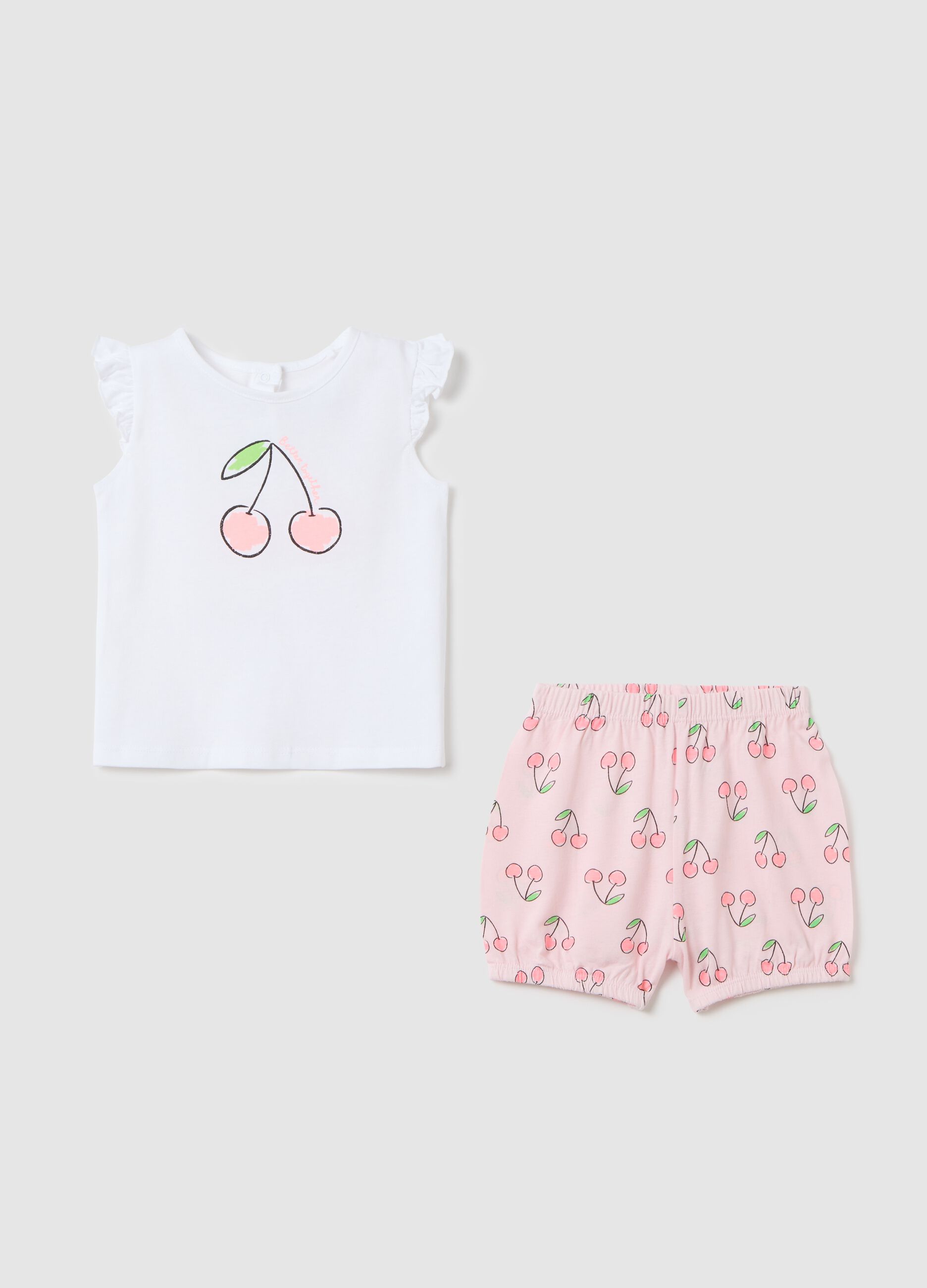 Short pyjama set with white top and cherry-patterned pink shorts