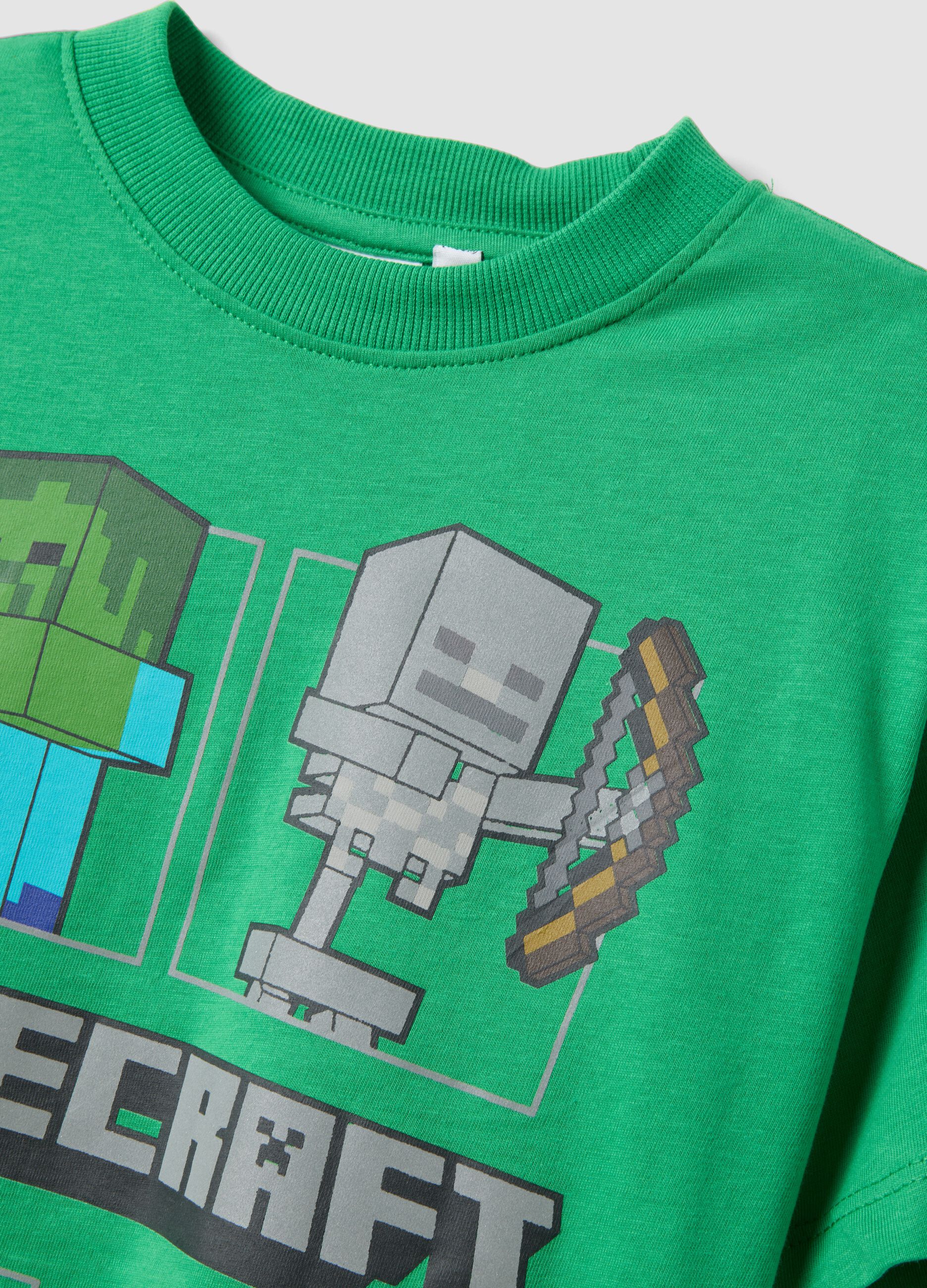 Green pure cotton kids&rsquo; T-shirt with Minecraft prints