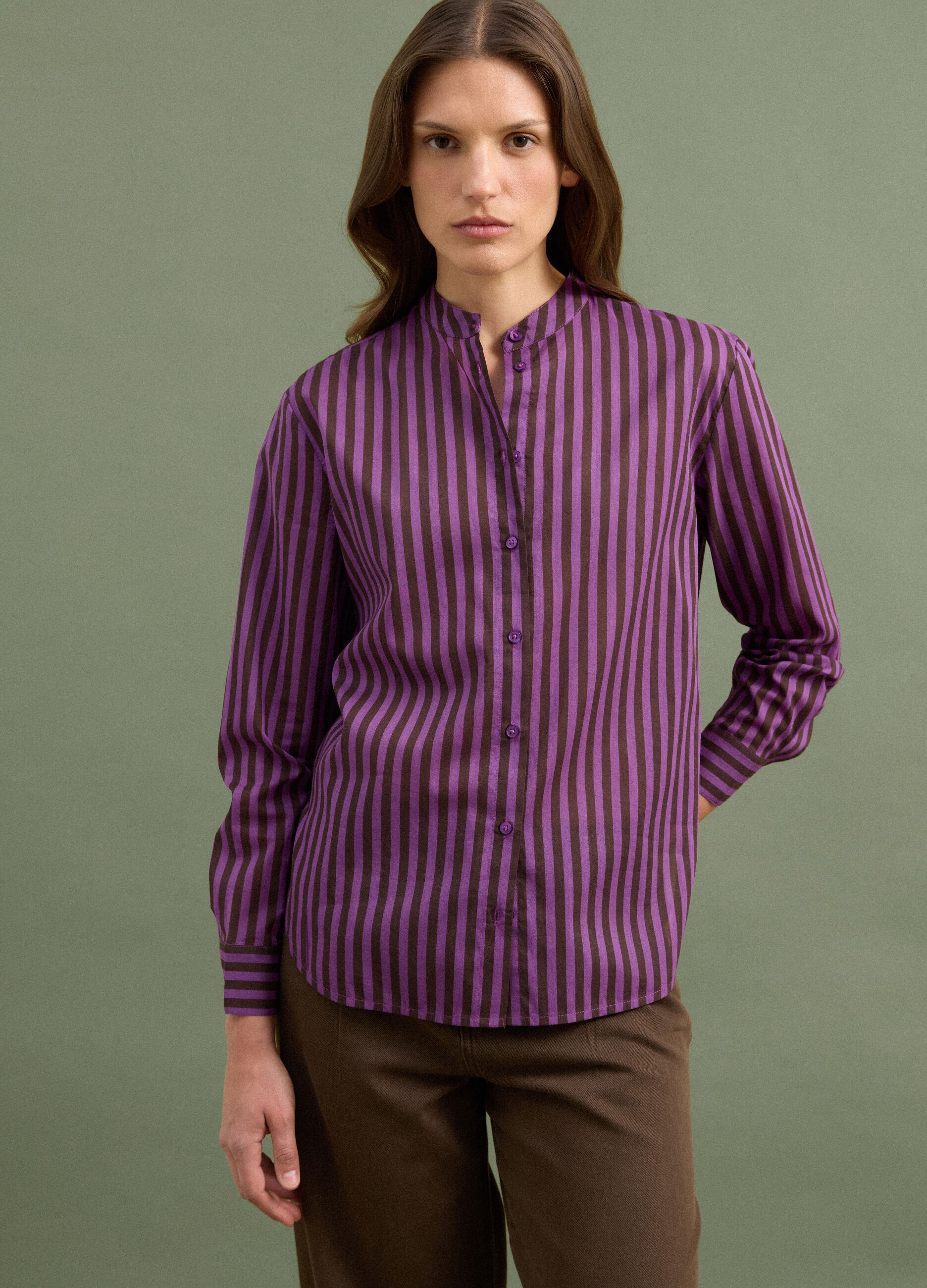 Purple pure cotton striped shirt with grandad collar, regular fit
