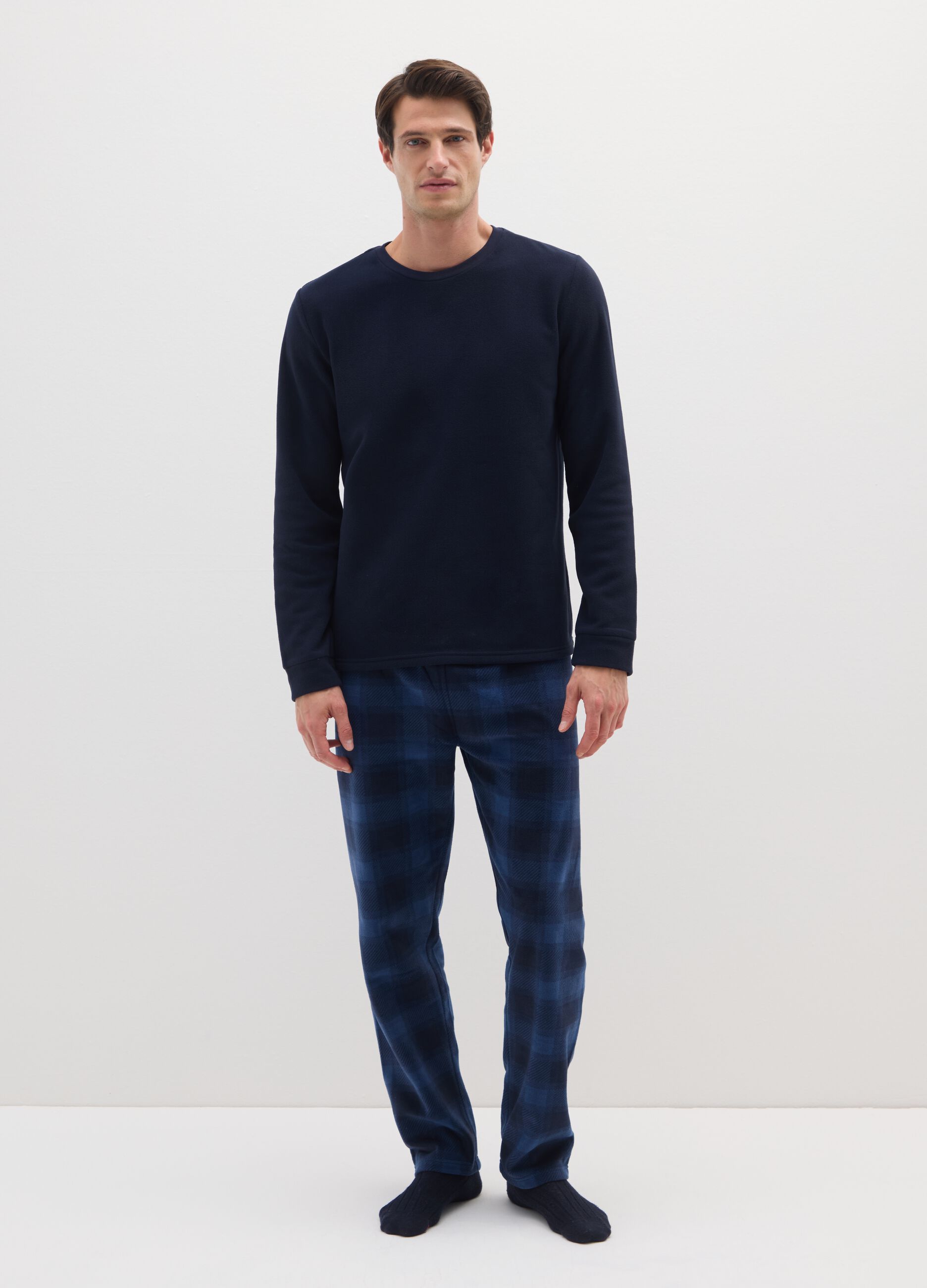 Regular fit blue plaid fleece pyjamas