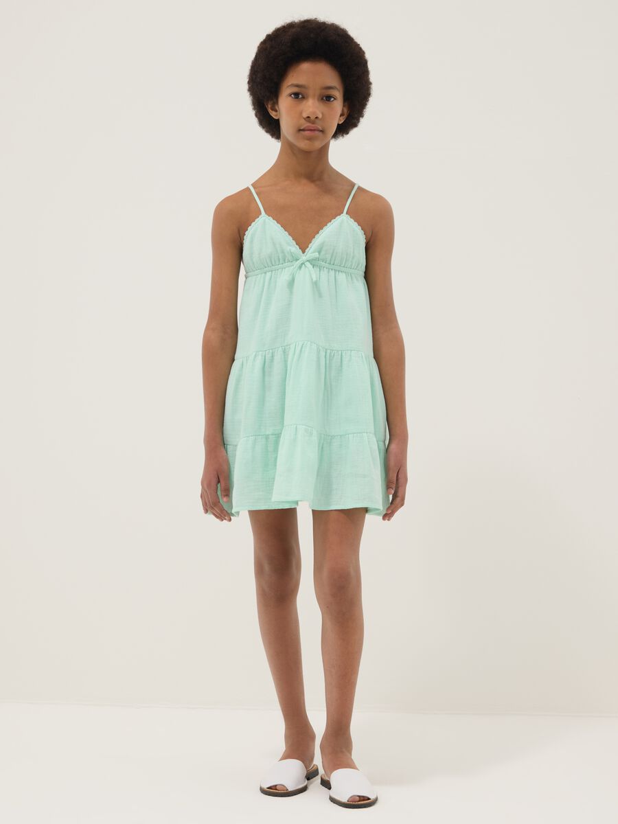 Green pure cotton mini dress with thin straps_0