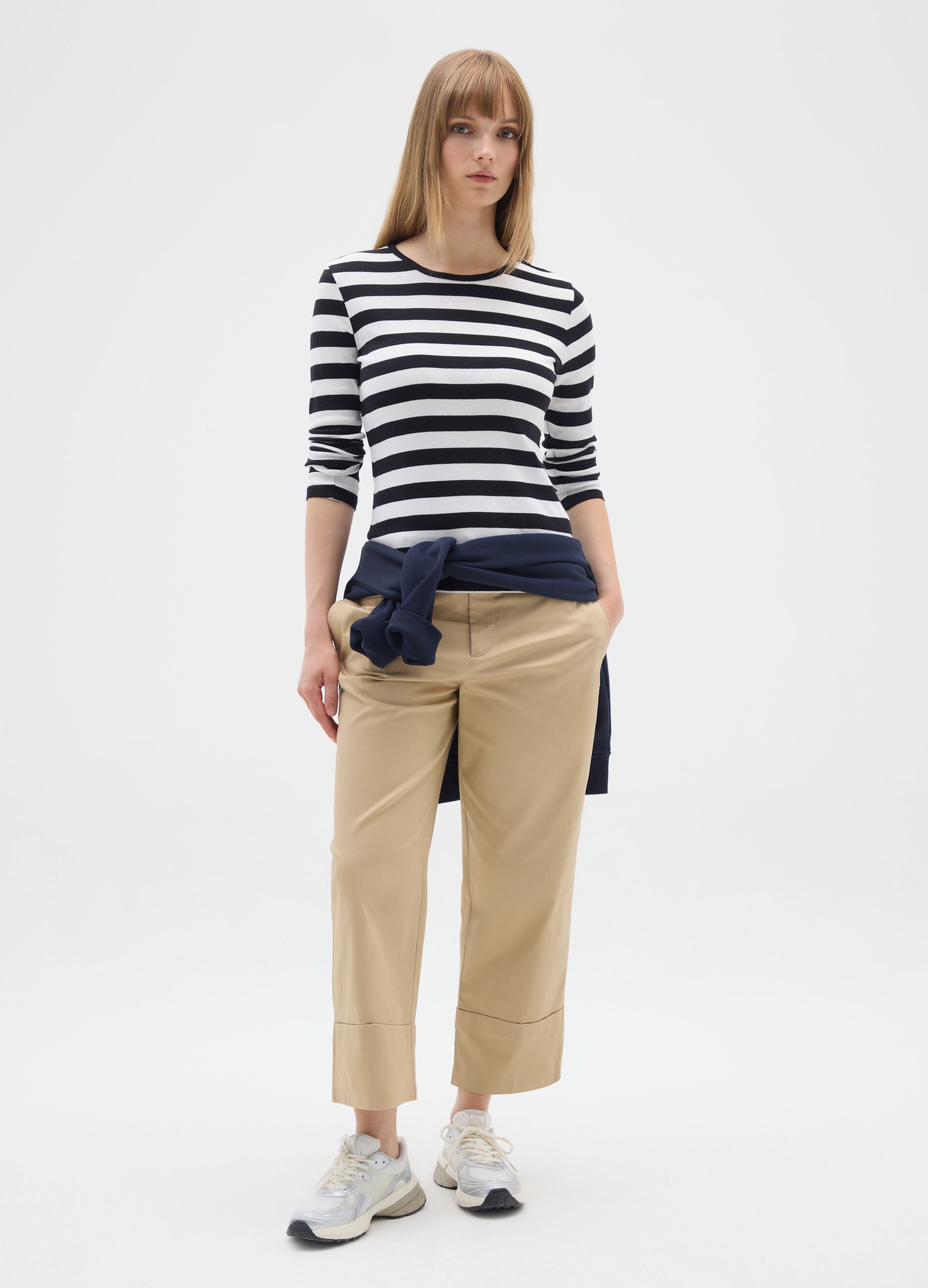 Long Sleeve White and Black Striped T-Shirt