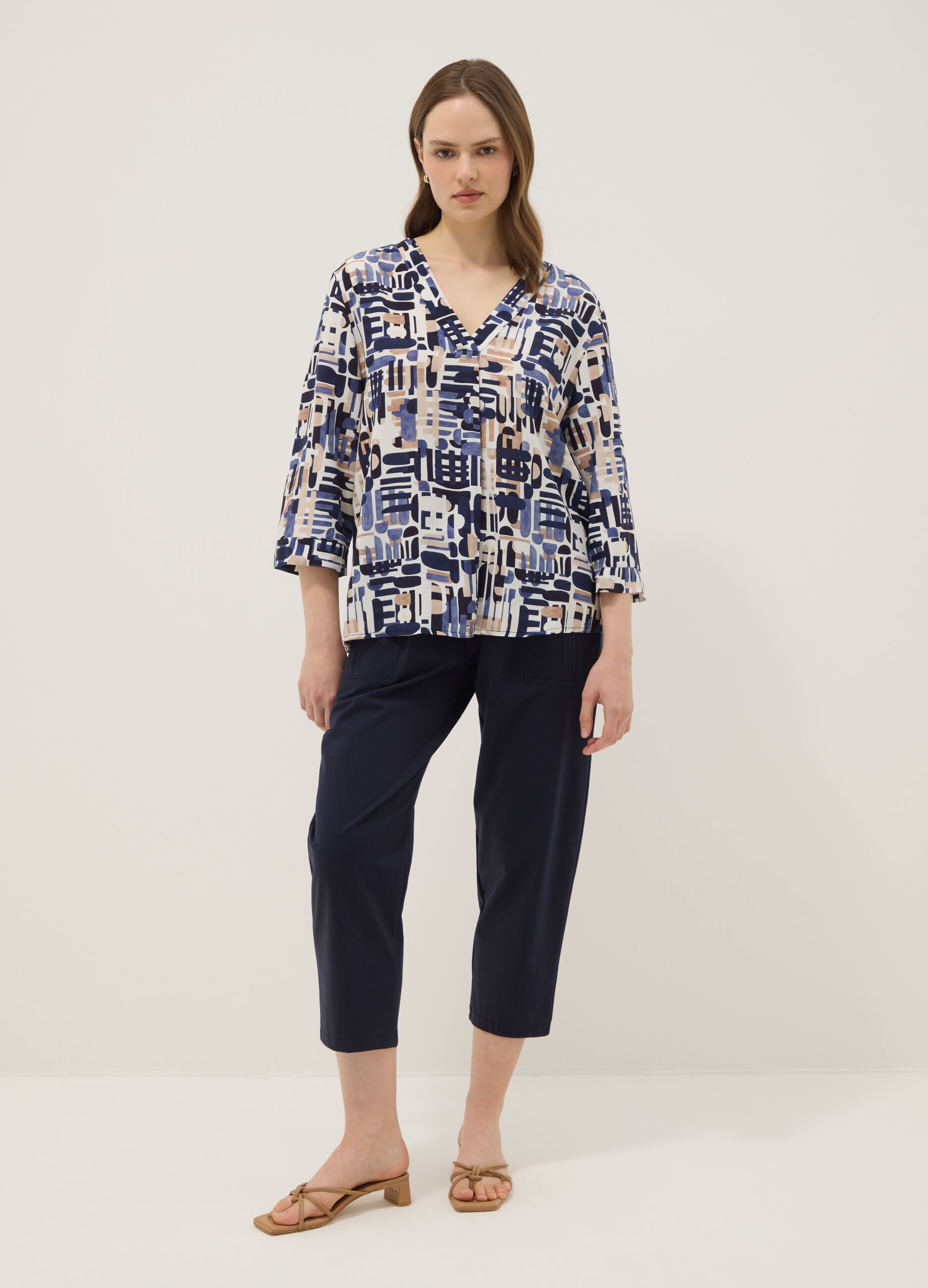 Blue stretch cotton trousers with elasticated waistband, regular fit