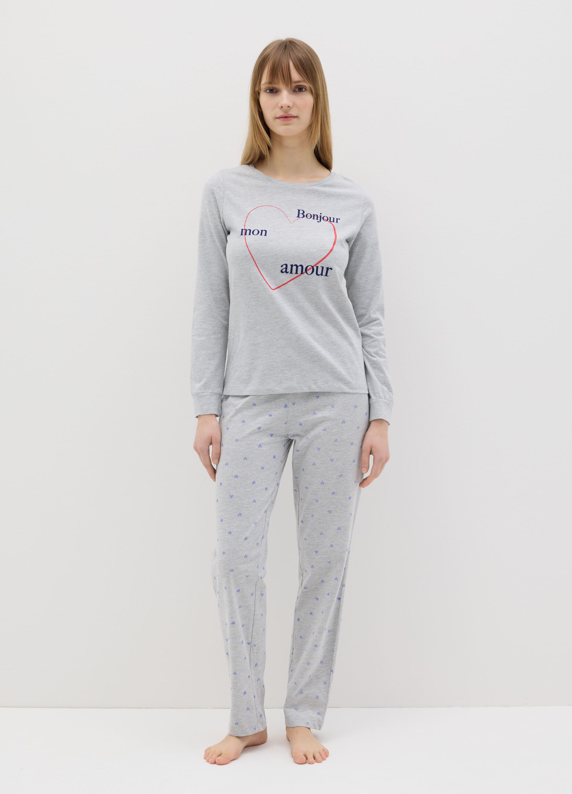 Grey 100% cotton pyjamas with "Bonjour Mon Amour" print