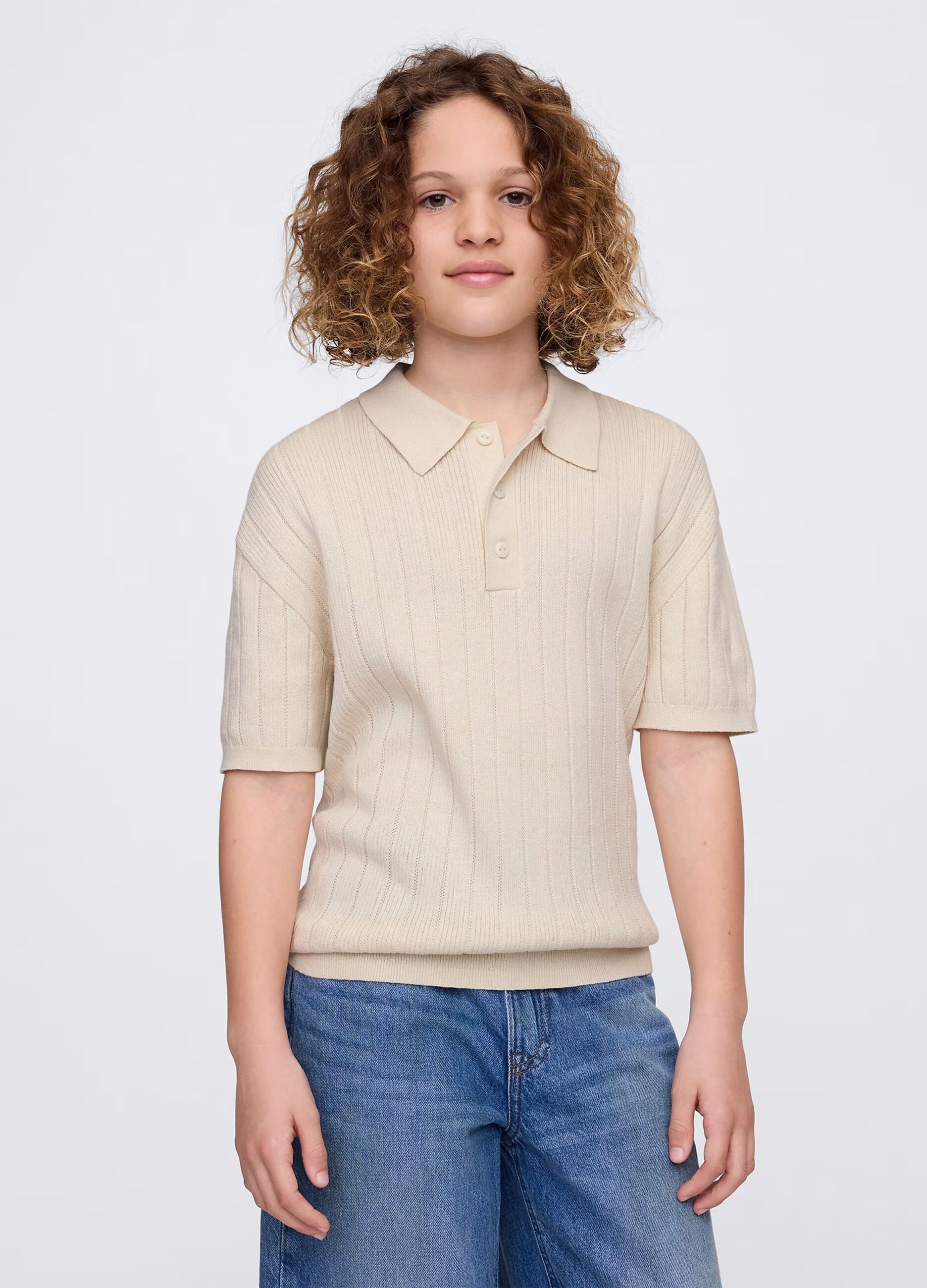 Beige polo shirt with short sleeves in cotton