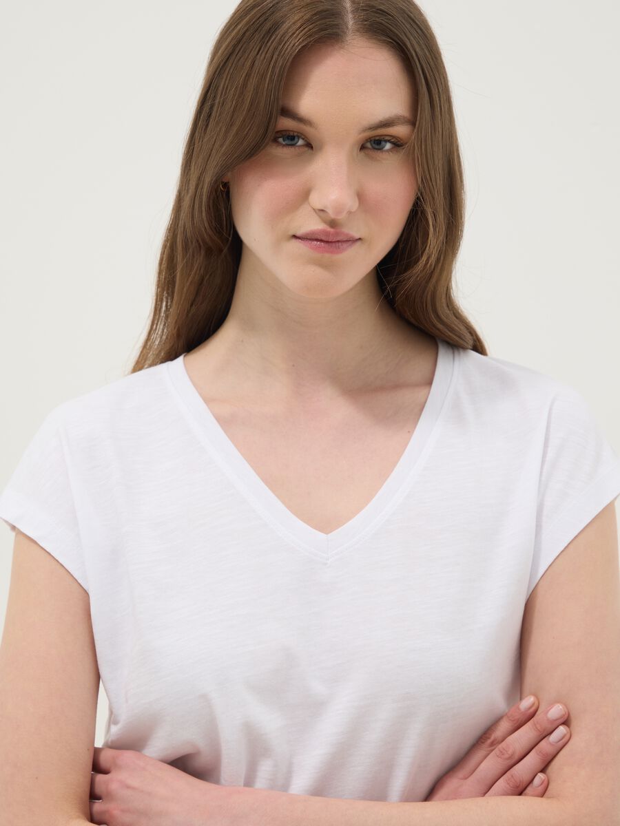 White pure cotton V-neck T-shirt_0