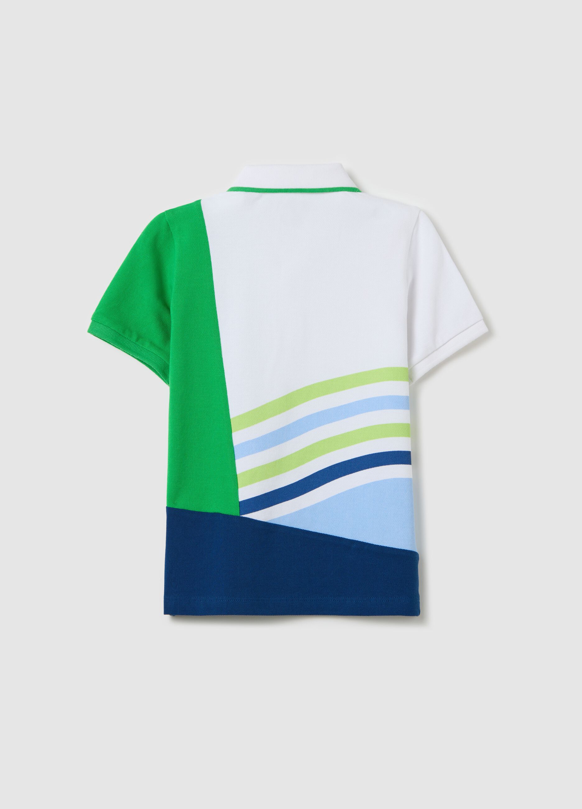 White piquet polo shirt with colourblock print