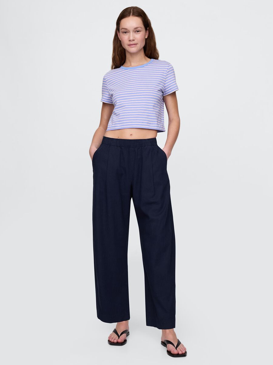 Pantaloni ampi blu in lino e viscosa_0