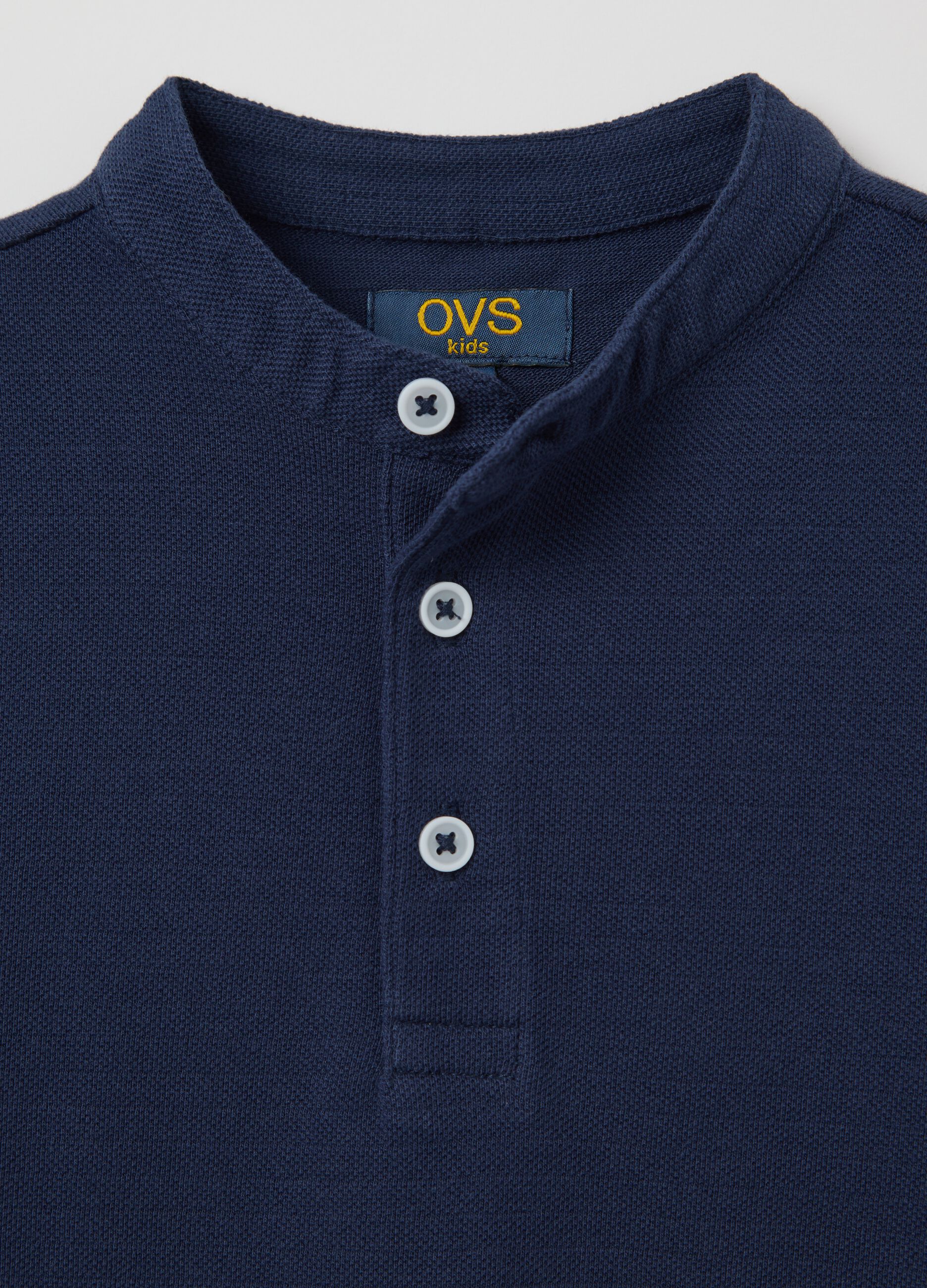 Polo blu in cotone con collo alla coreana