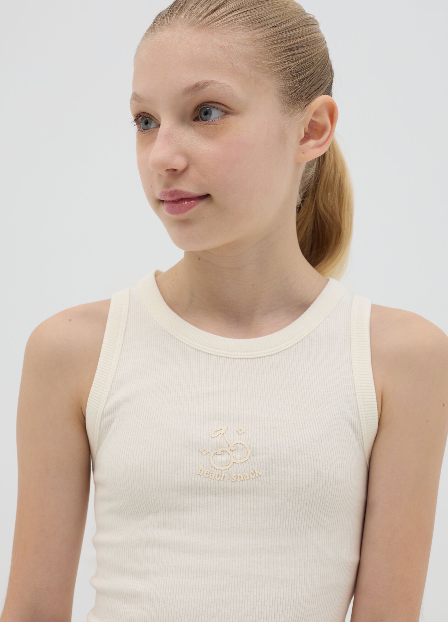 White ribbed stretch cotton tank top with print