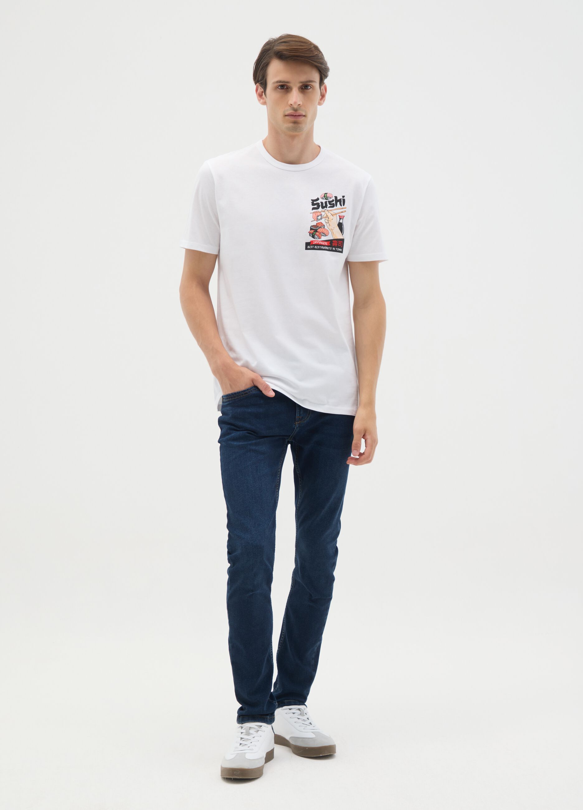 White pure cotton t-shirt regular fit with sushi print