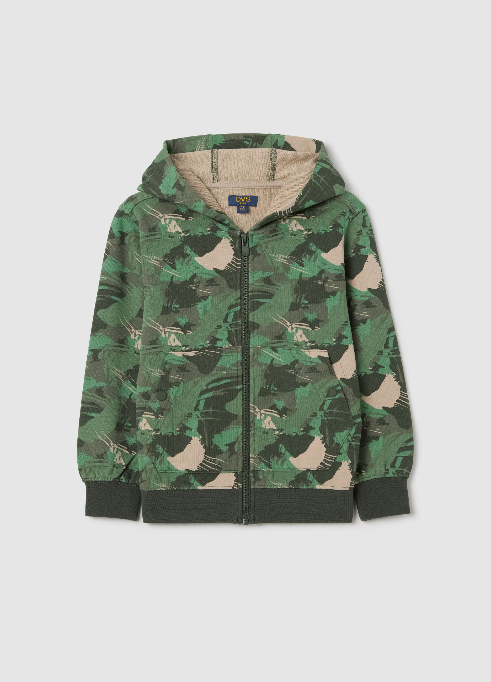 Green full-zip sweatshirt in camouflage French terry with hood