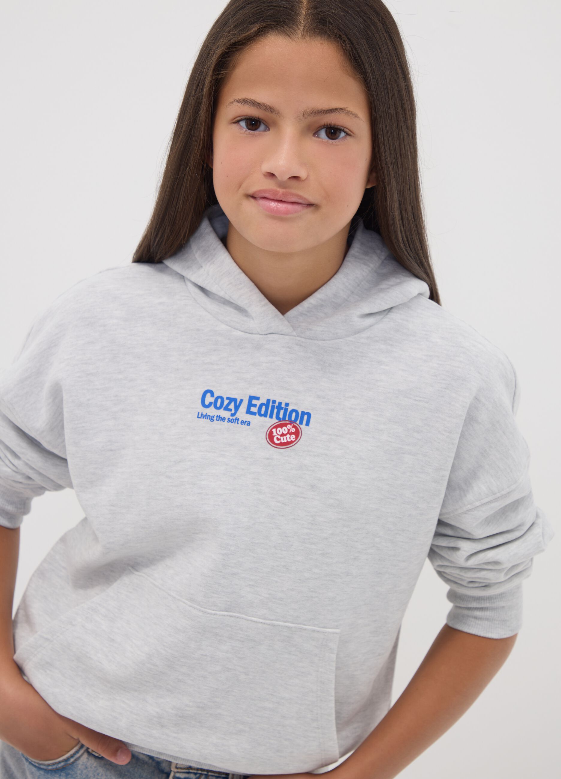 Grey oversized hoodie with teddy bear print in a cotton and viscose blend