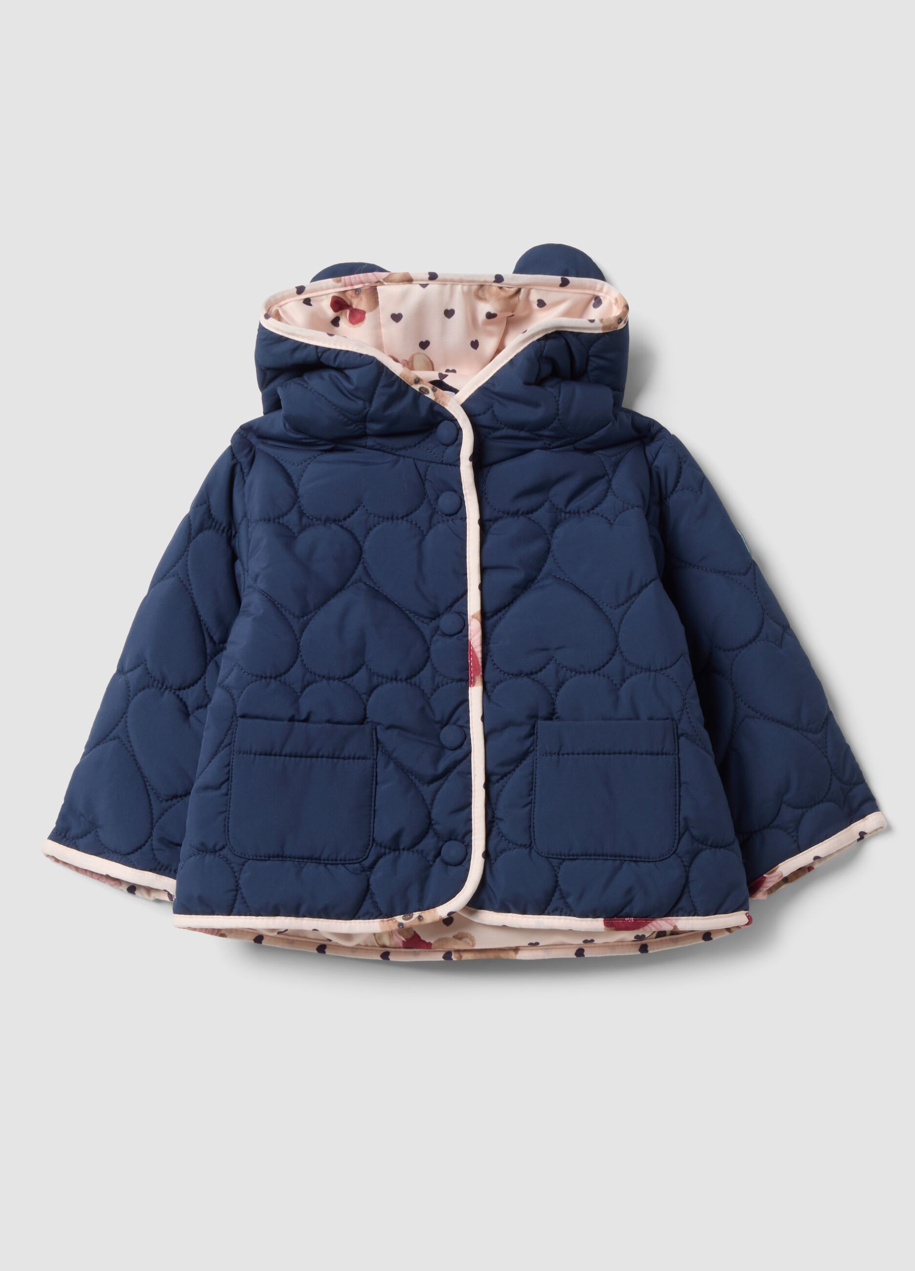 Blue padded hooded jacket with heart print for baby girl