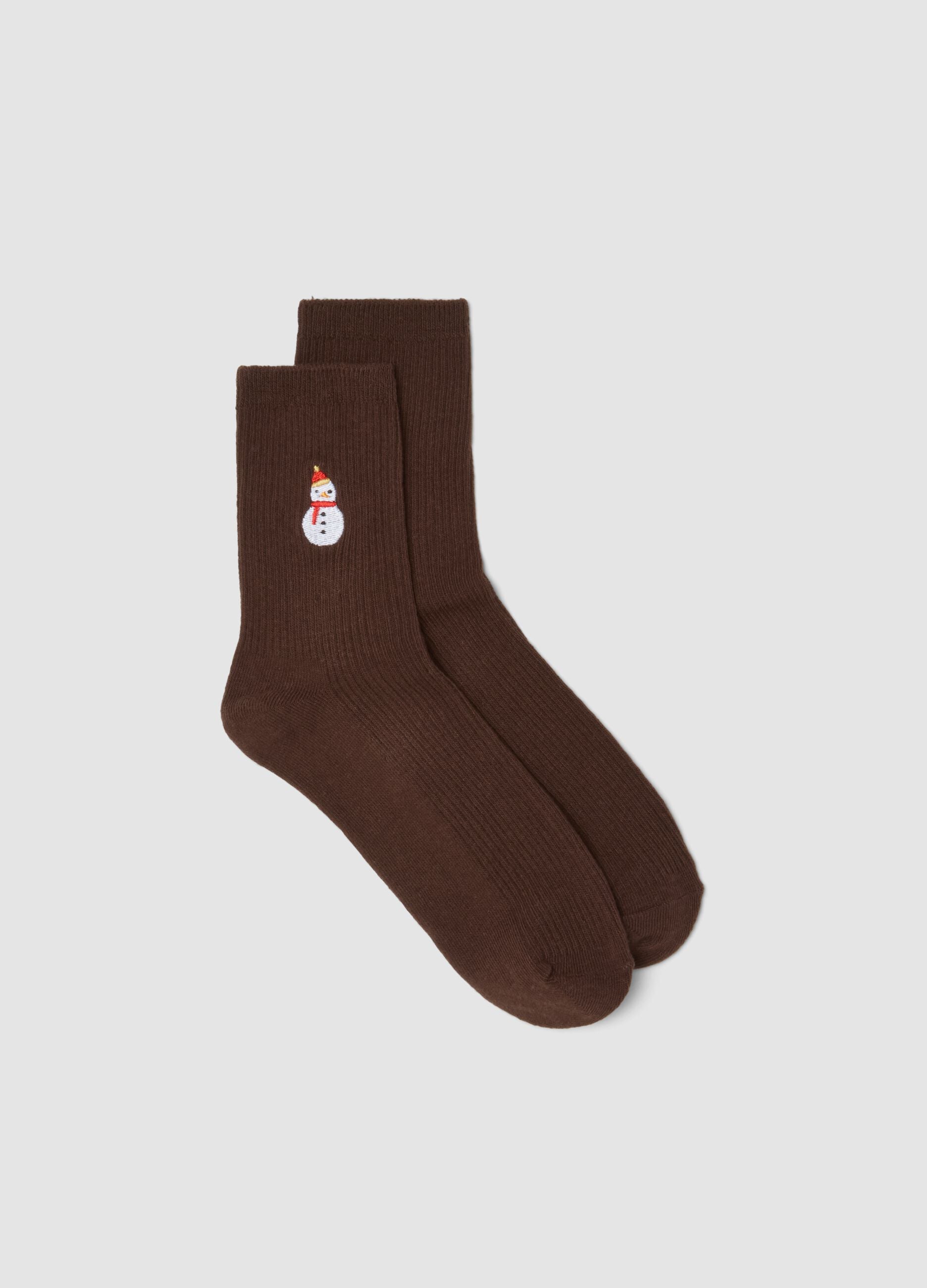 Brown stretch organic cotton-blend socks with Christmas detail
