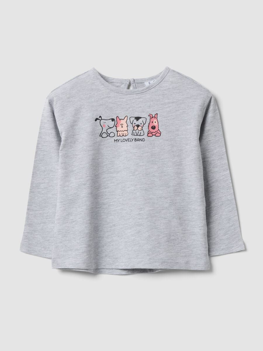 Grey T-shirt in organic cotton and viscose blend with animal print for baby girl_0