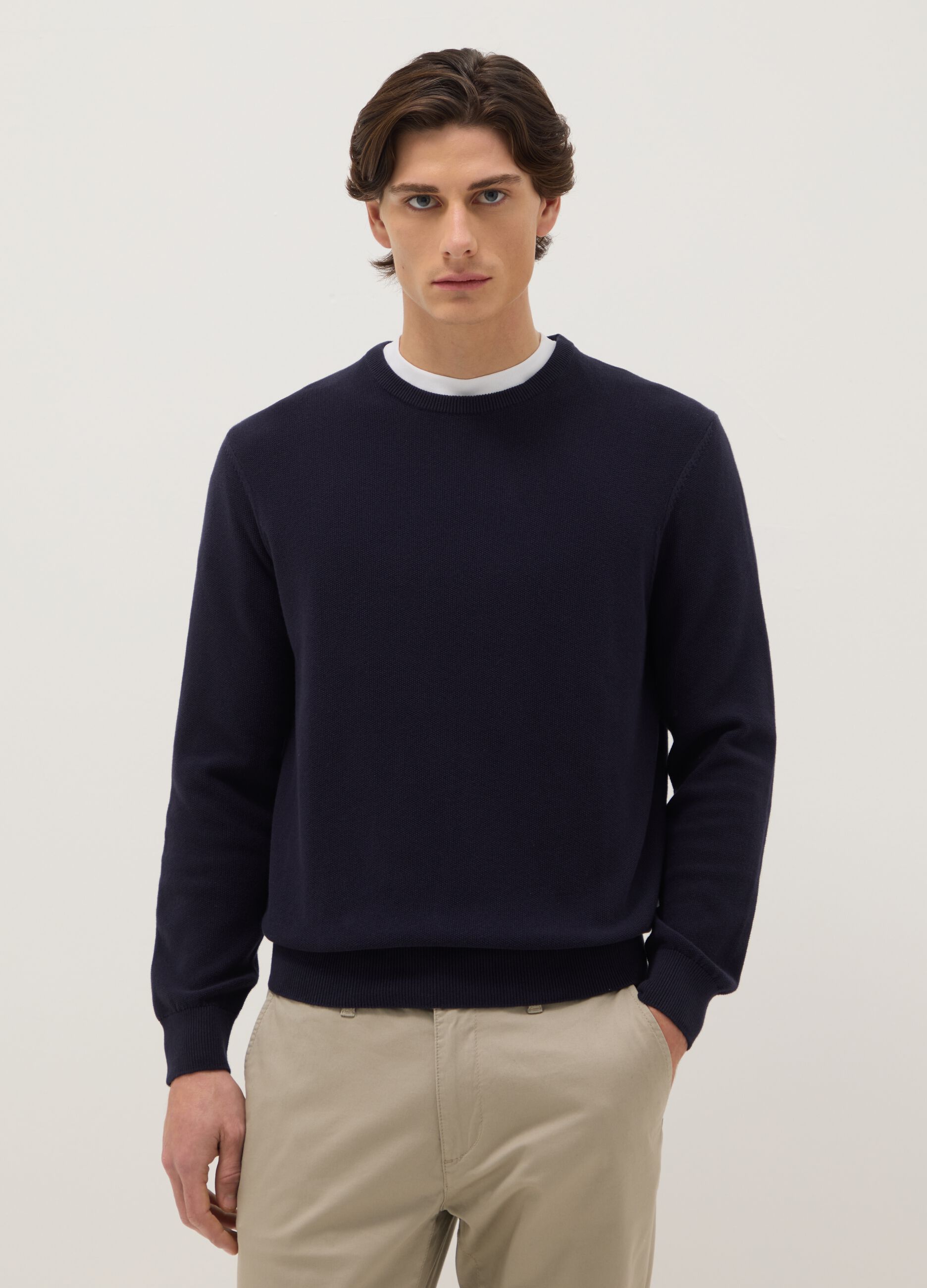 Blue crew neck jumper in pure cotton regular fit