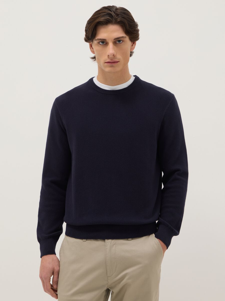 Blue crew neck jumper in pure cotton regular fit_0