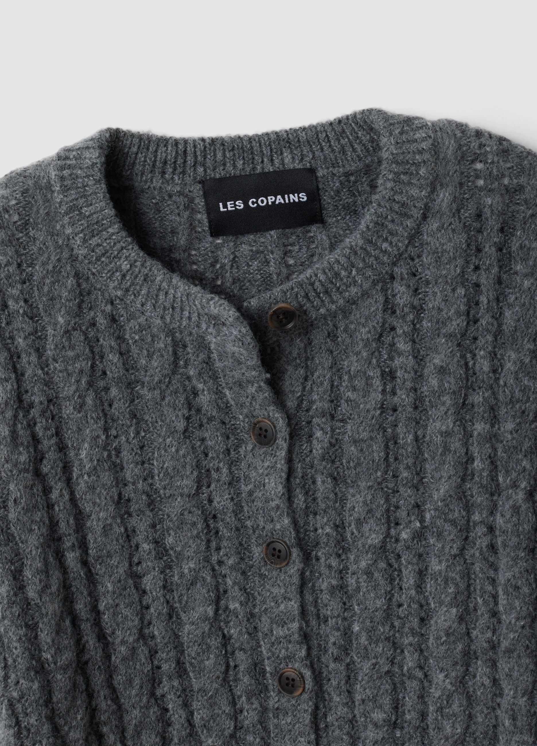 Grey wool-blend cable-knit cardigan