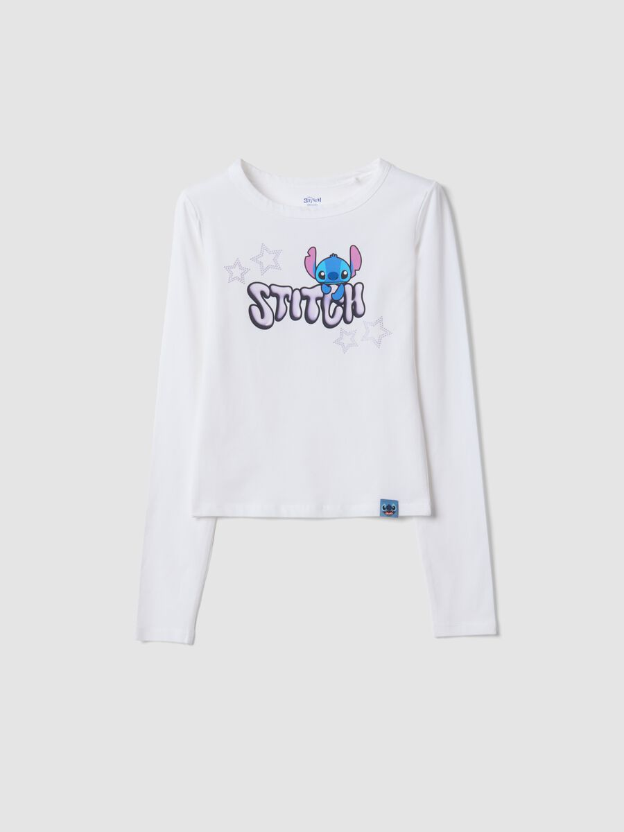 T-shirt bianca in cotone elasticizzato con stampa Lilo & Stitch_0