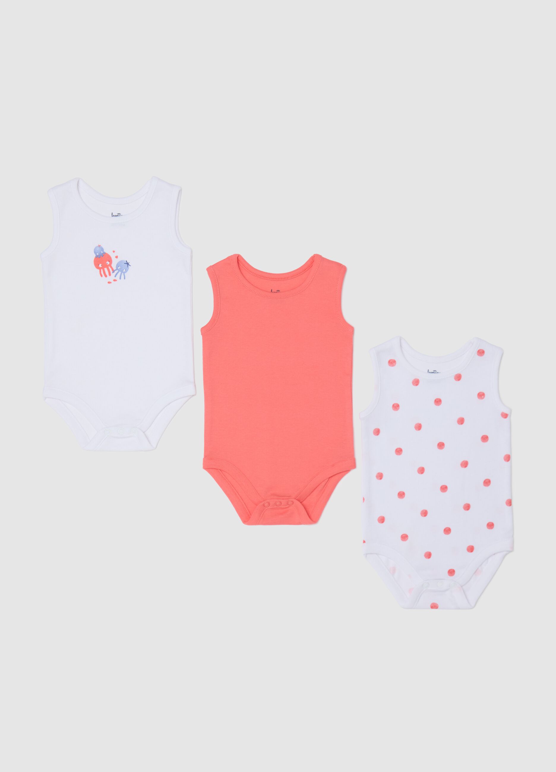 Three-pack sleeveless bodysuits with print