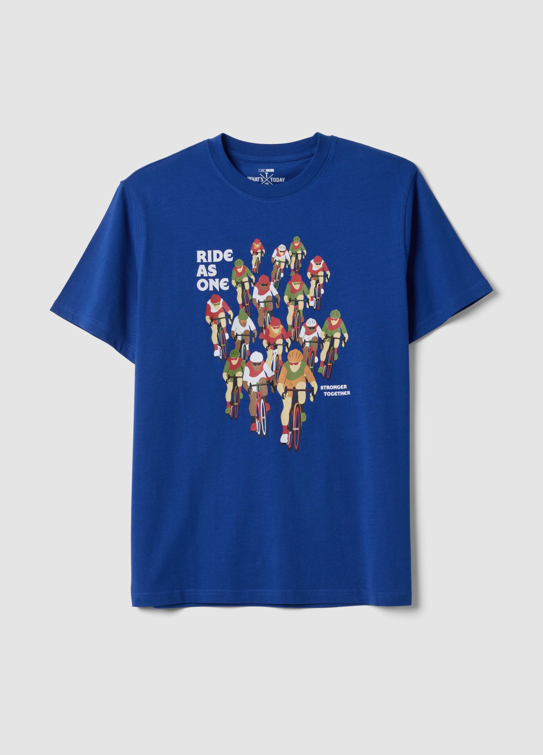 Blue pure cotton T-shirt with print, regular fit