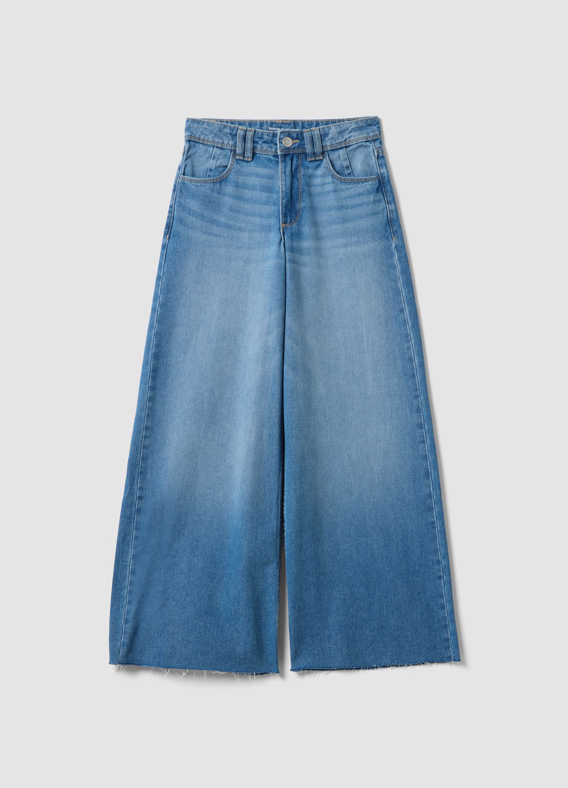 Girls' wide leg denim blue pure cotton jeans