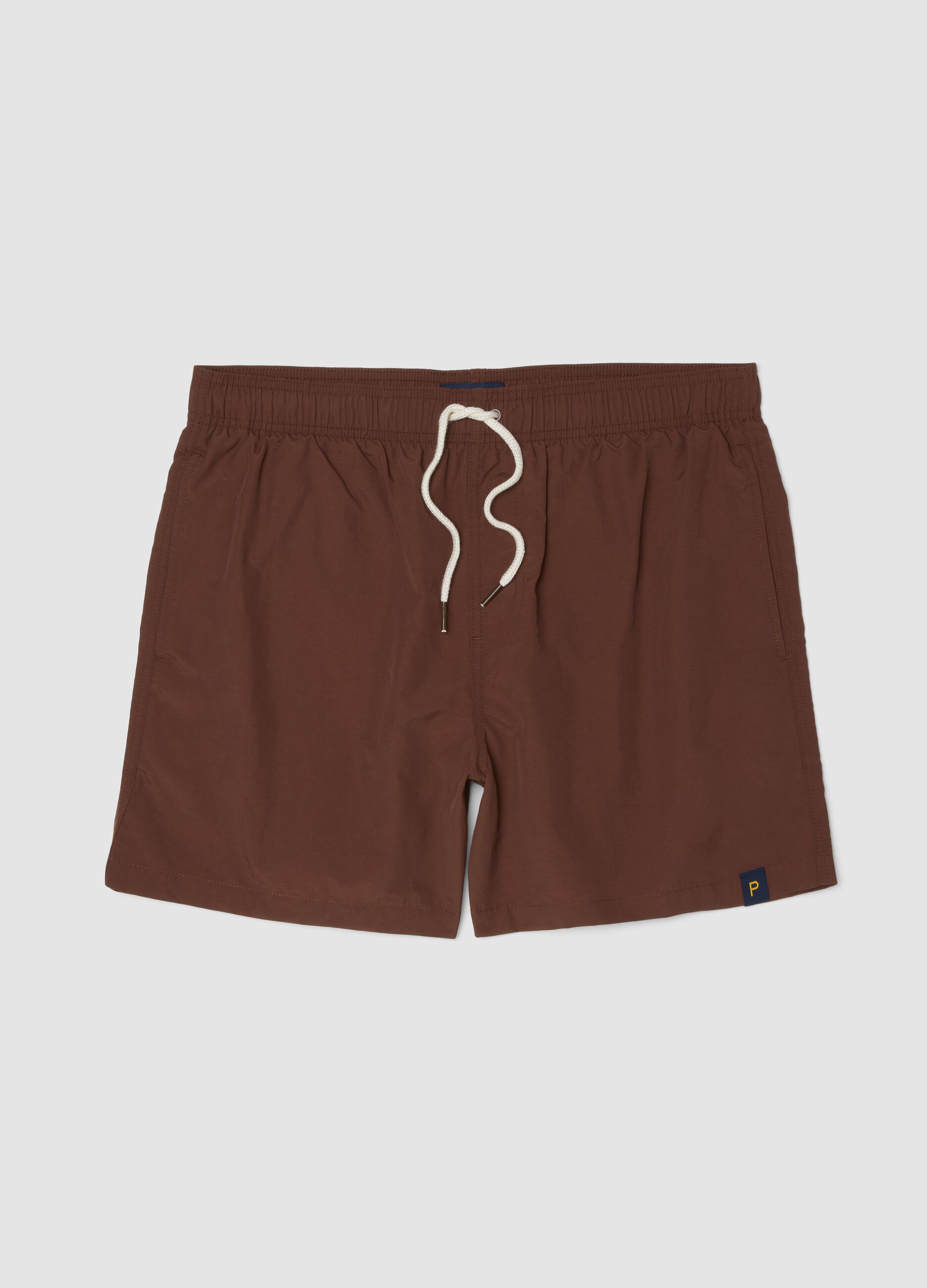Brown swim shorts with elasticated waistband and drawstring