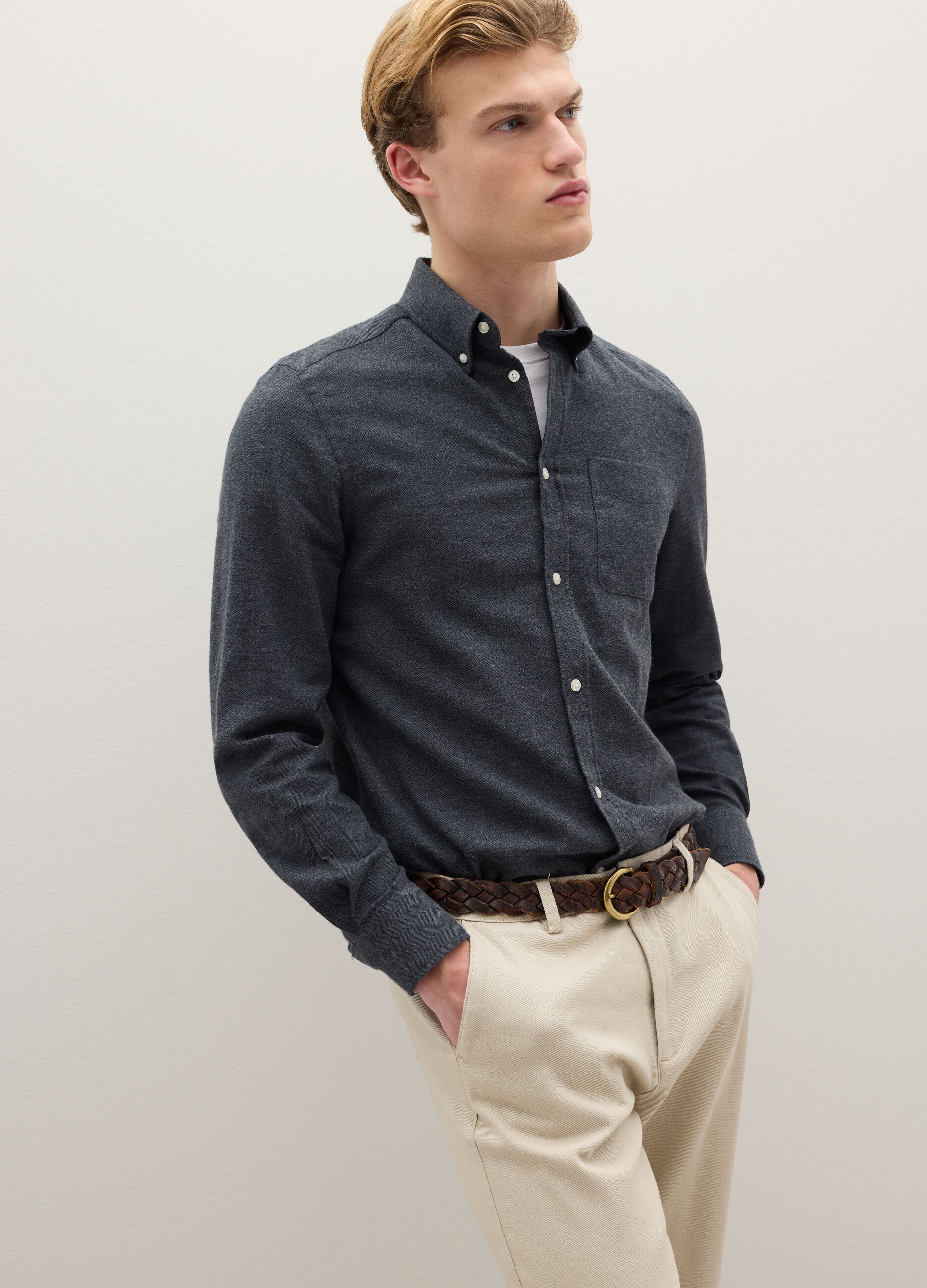 Regular fit grey long-sleeve shirt in pure cotton flannel